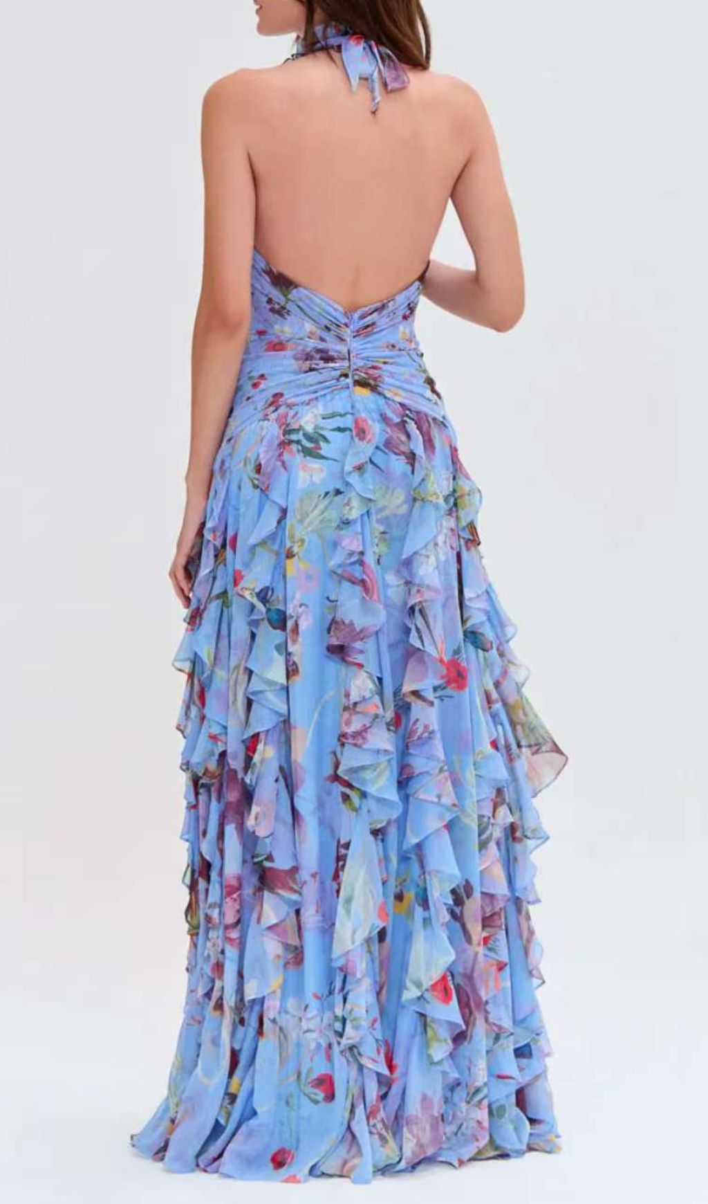 Fashionslee Women Delicah Blue Halter Floral Ruffle Maxi Dress