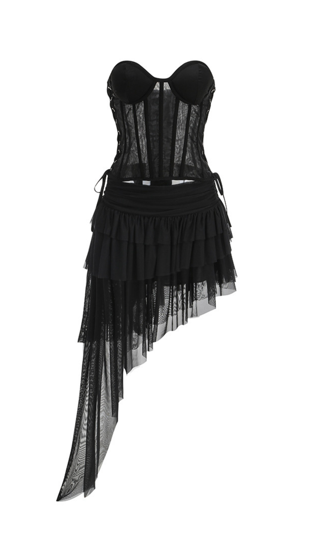 67b66a95e78d5070f2095724326125a7.png Fashionslee Women Gaetana Black Corset Top & Irregular Mesh Skirt Set