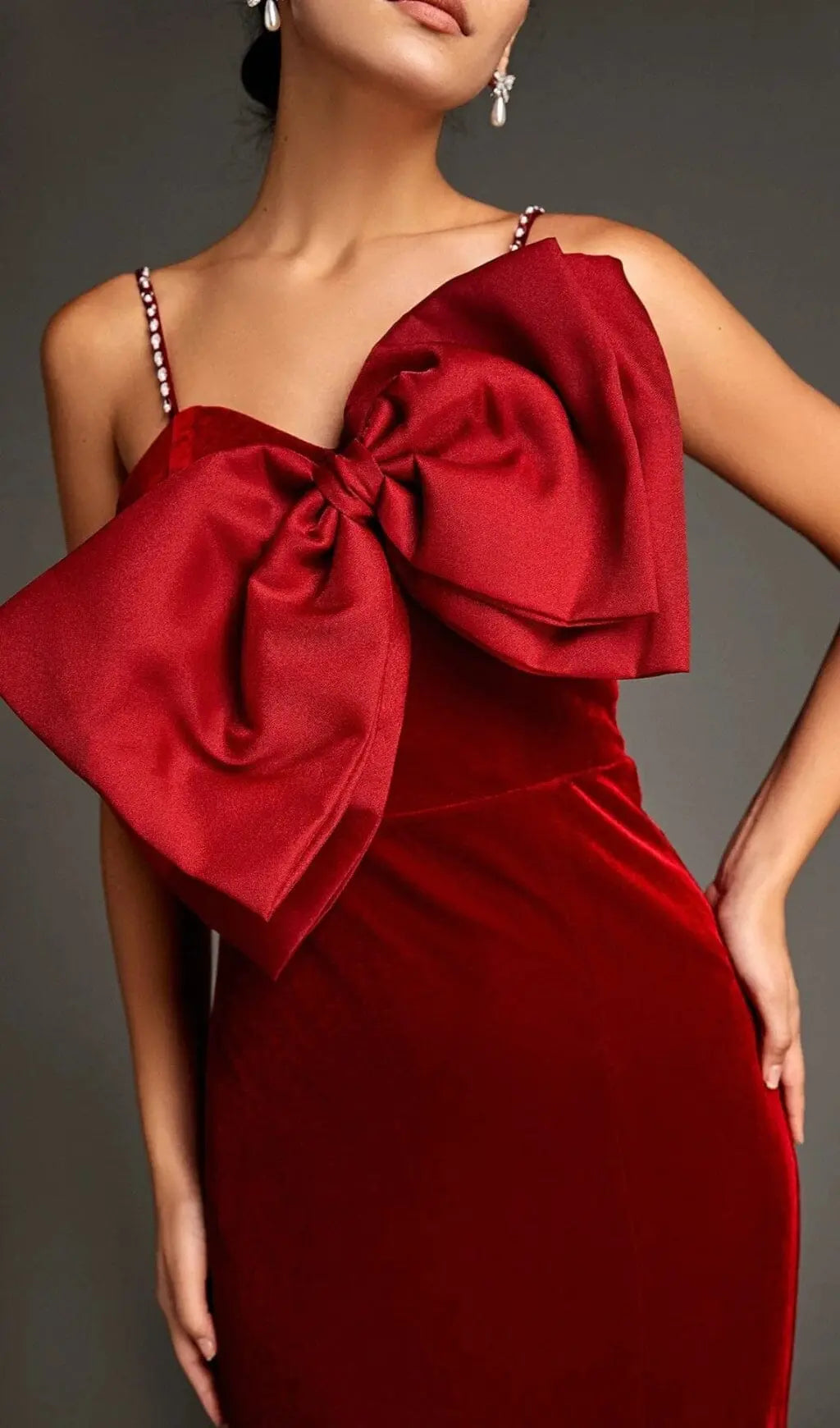 Fashionslee Women Dark Red Front Bow Side Slit Mermaid Maxi Dress