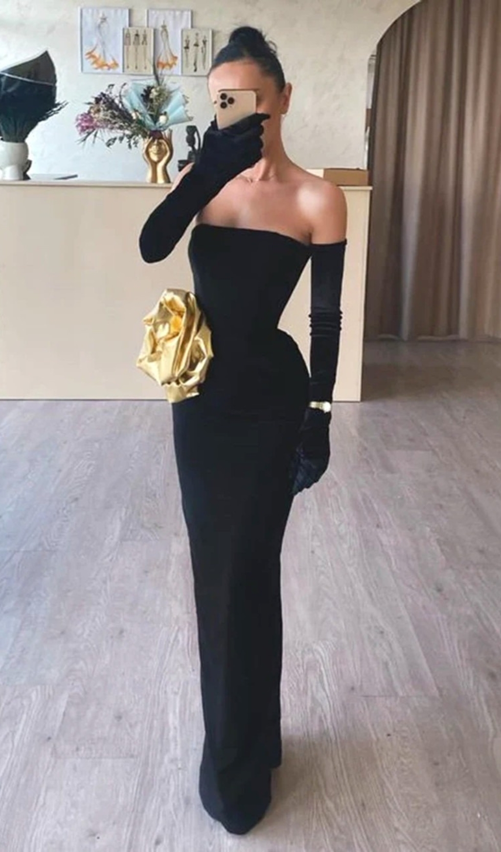 Fashionslee Women Brycen Black Strapless Rose Detail Maxi Dress