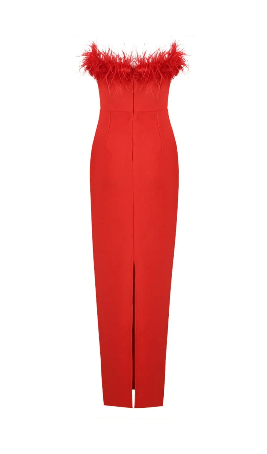 68762f8e1f011a56ad478feb573277f8.jpeg Fashionslee Women Stretch Strapless Feather Trimmed Gown In Red