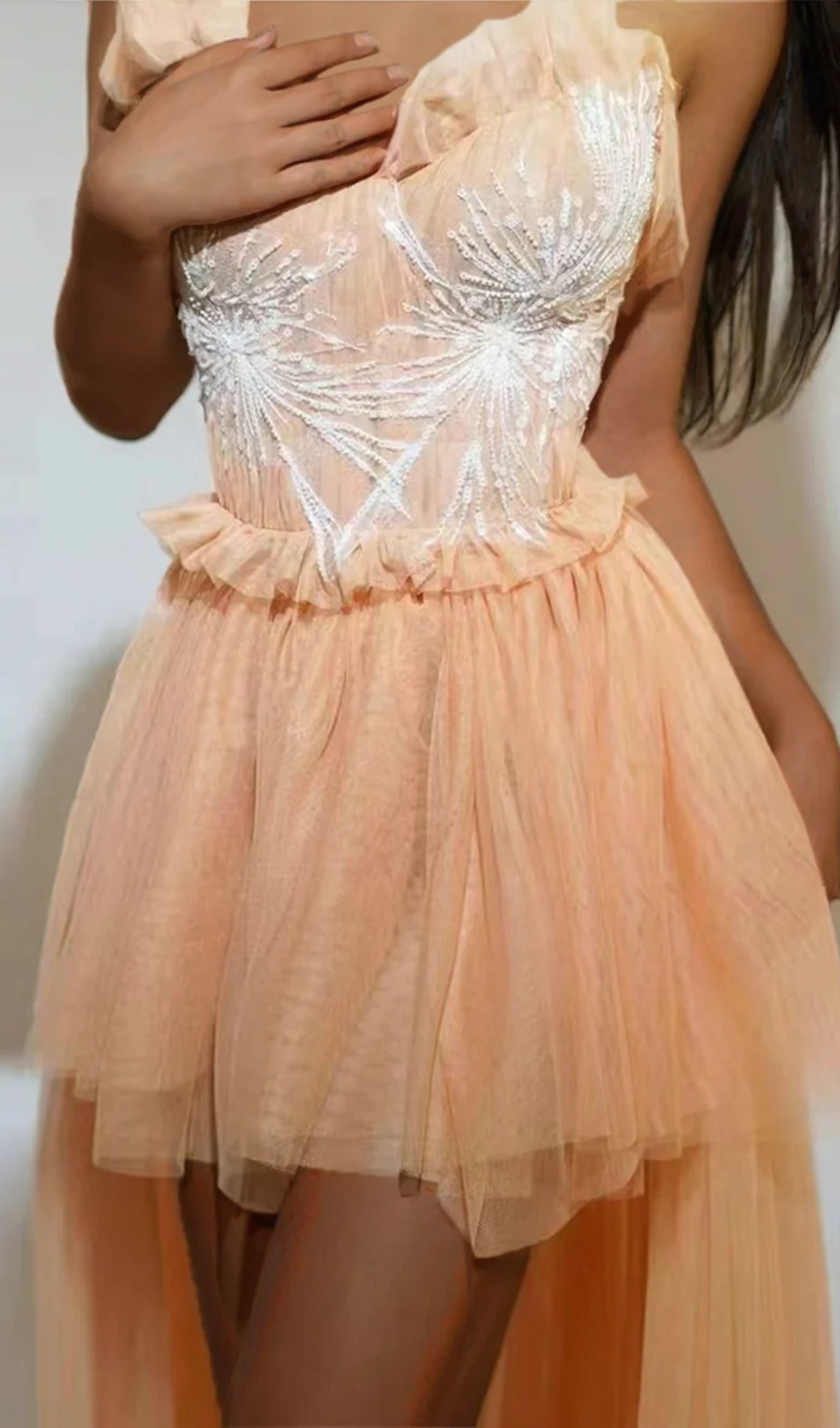 Fashionslee Women Kalene Strapless Ruffle Tulle Dress In Apricot