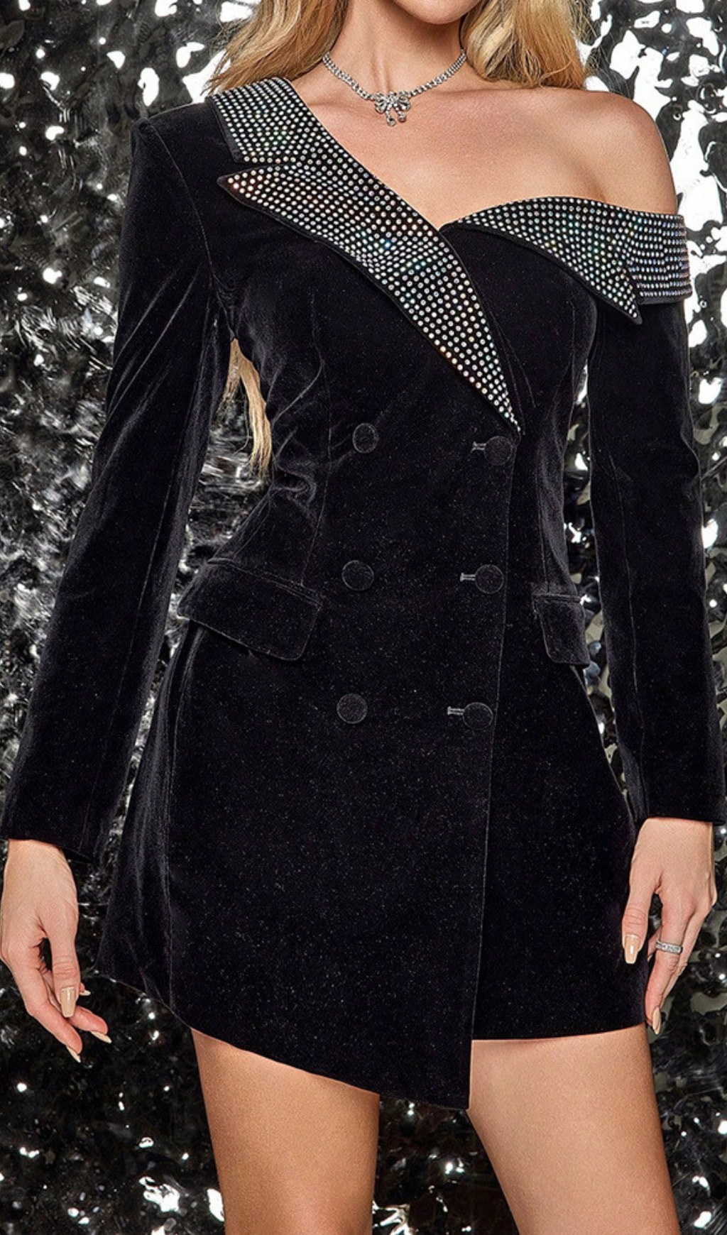 Fashionslee Women Cypriana Black Long Sleeve Diamante Blazer Dress