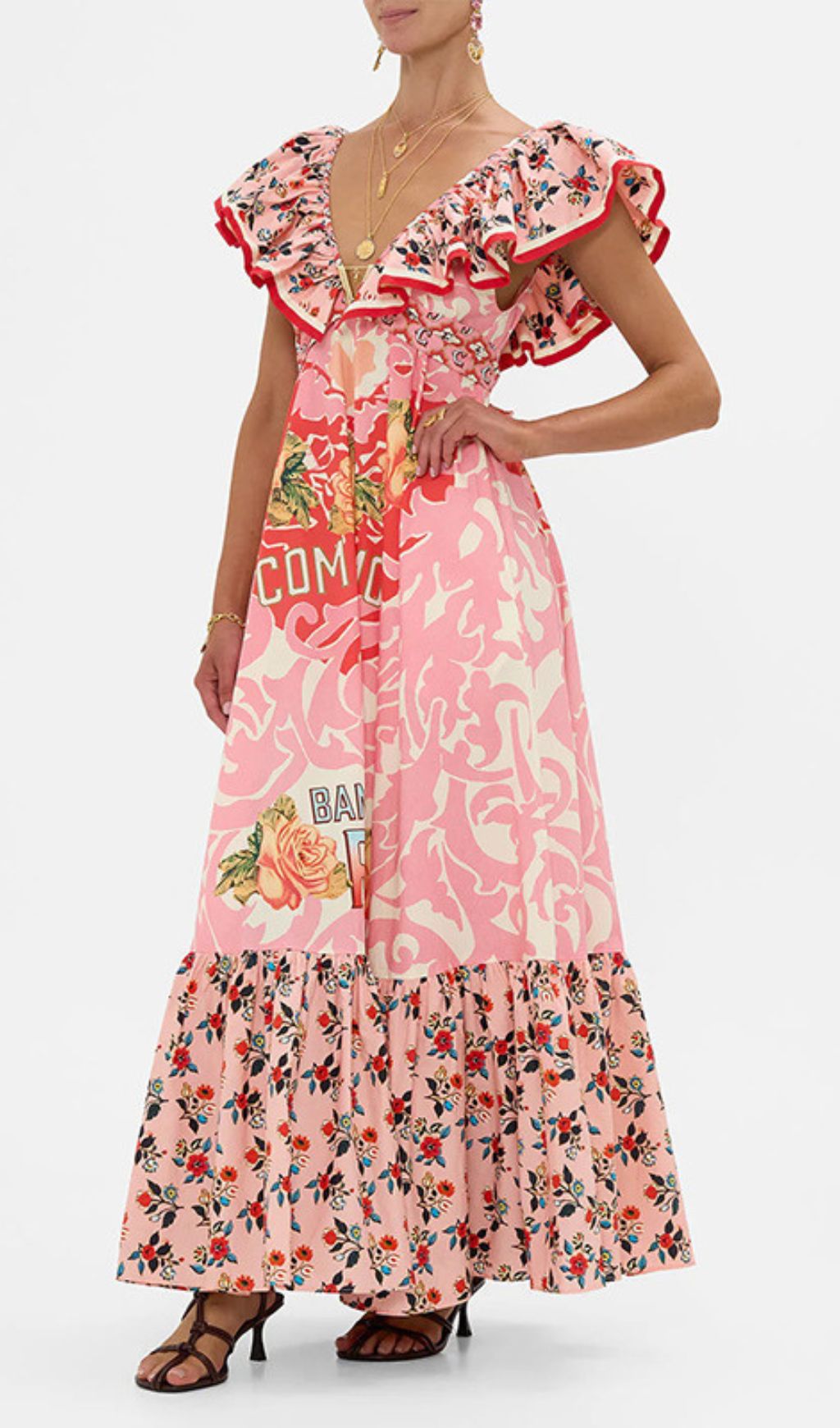 PINK V-NECK PRINTED MAXI DRESS AESTHETIC - OWNCI PINK V-NECK PRINTED MAXI DRESS AESTHETIC - OWNCI