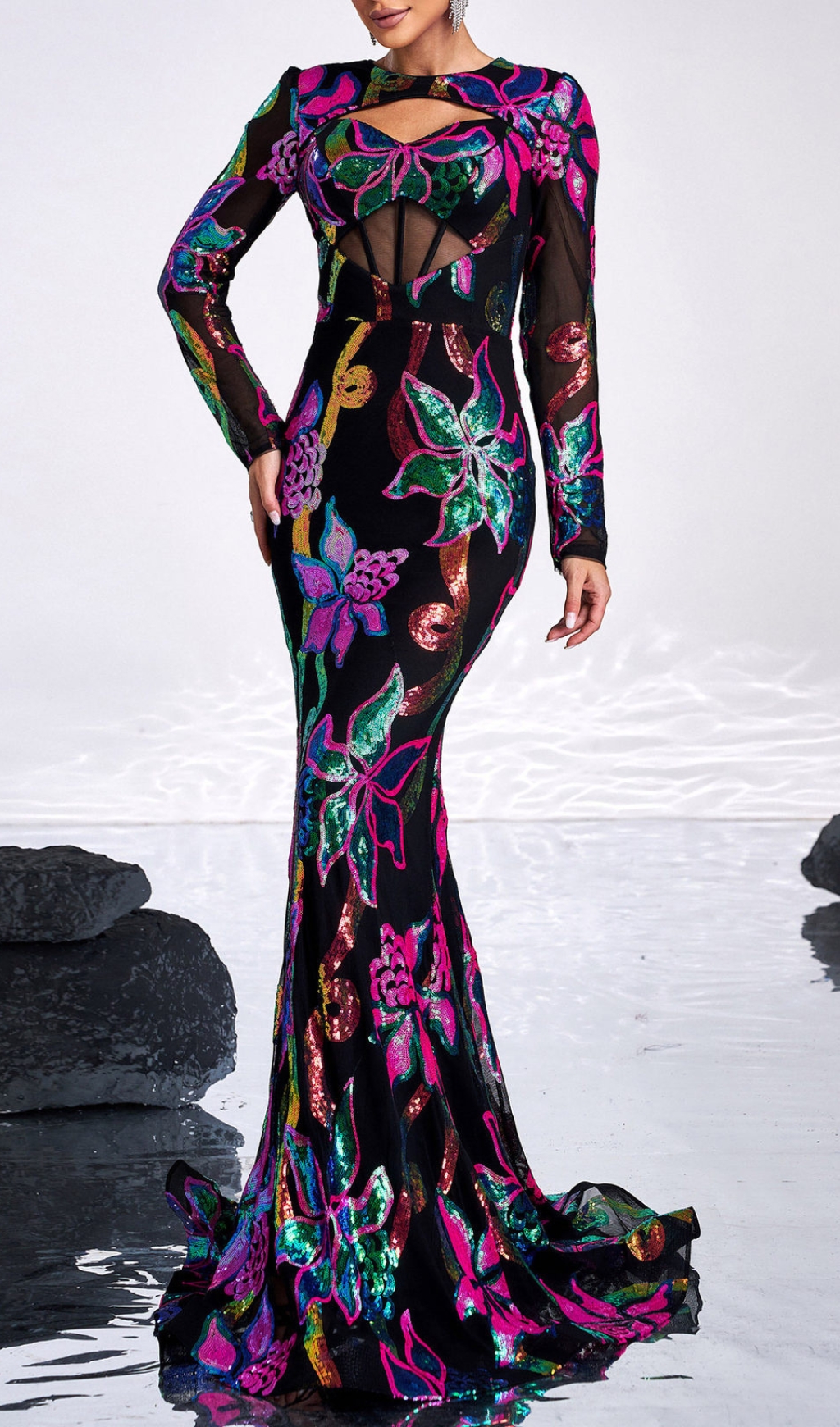 Fashionslee Women Carman Long Sleeve Flower Sequin Gown
