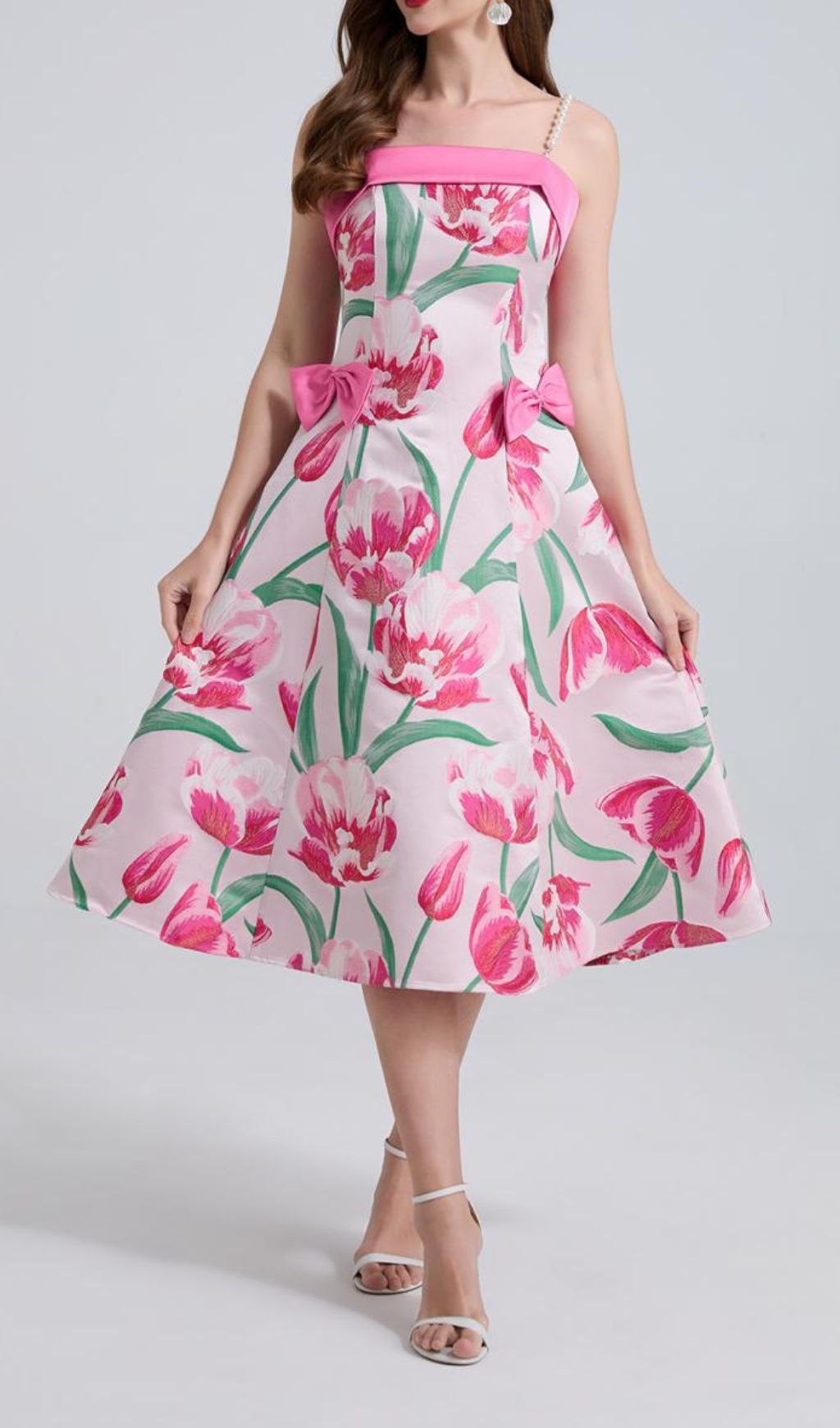 68c68b4cdd9b8db403fceb1e097613b9.jpg Fashionslee Women Faylinn Pink Flower Pearl Midi Dress