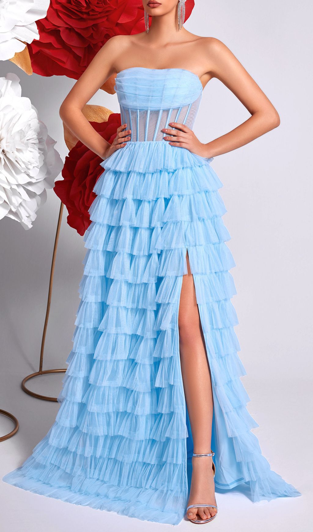 Fashionslee Women Kaida Blue Strapless Corset Mesh Maxi Dress