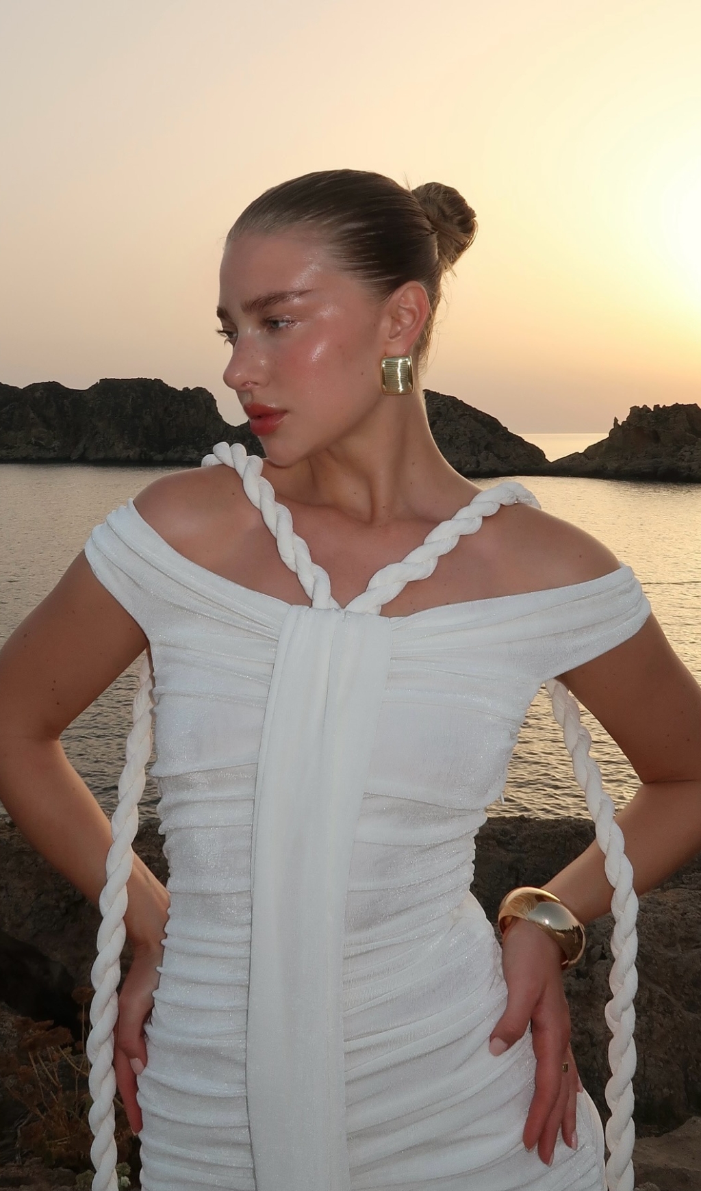 68d3451380b9a16e178917c17e6dab81.jpg Fashionslee Women Buddug White Bardot Ruched Maxi Dress