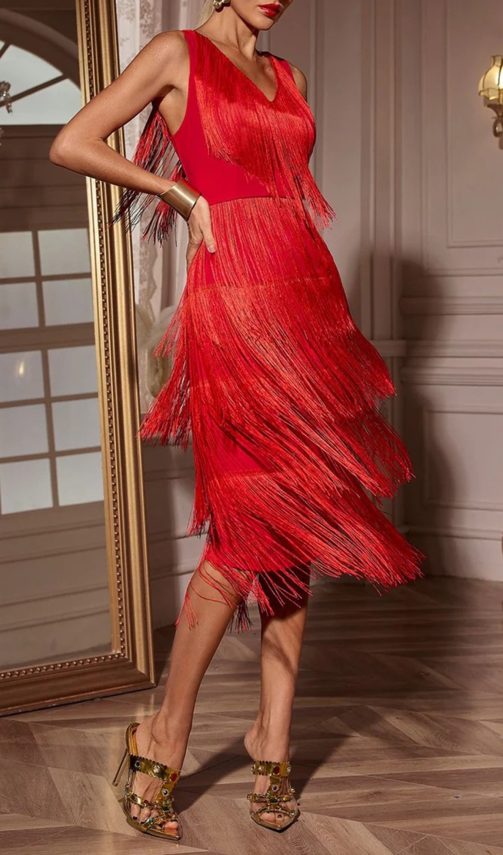 68d5e6c4b65936a0c64ad6cf378aae36.jpg Fashionslee Women Chava Red V-Neck Fringe Midi Dress
