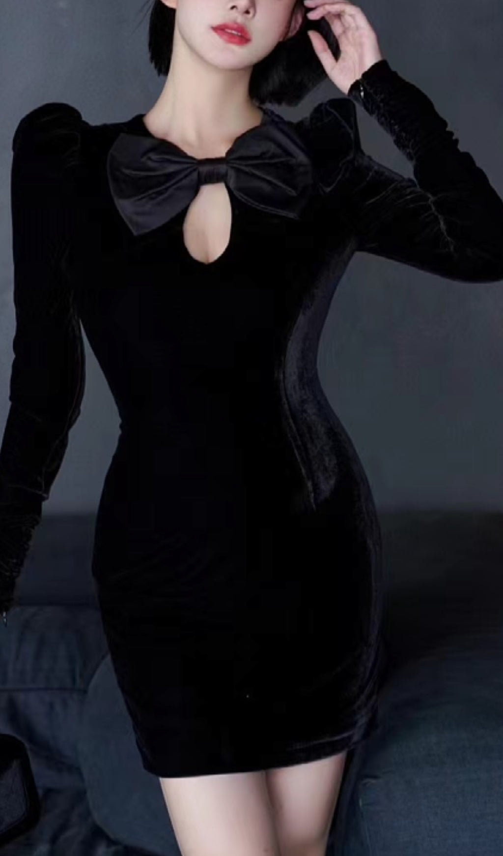 68ea8dcbce8bd4c05127655963253a65.jpeg Fashionslee Women Black Velvet Hollow Bow Long-Sleeve Mini Dress