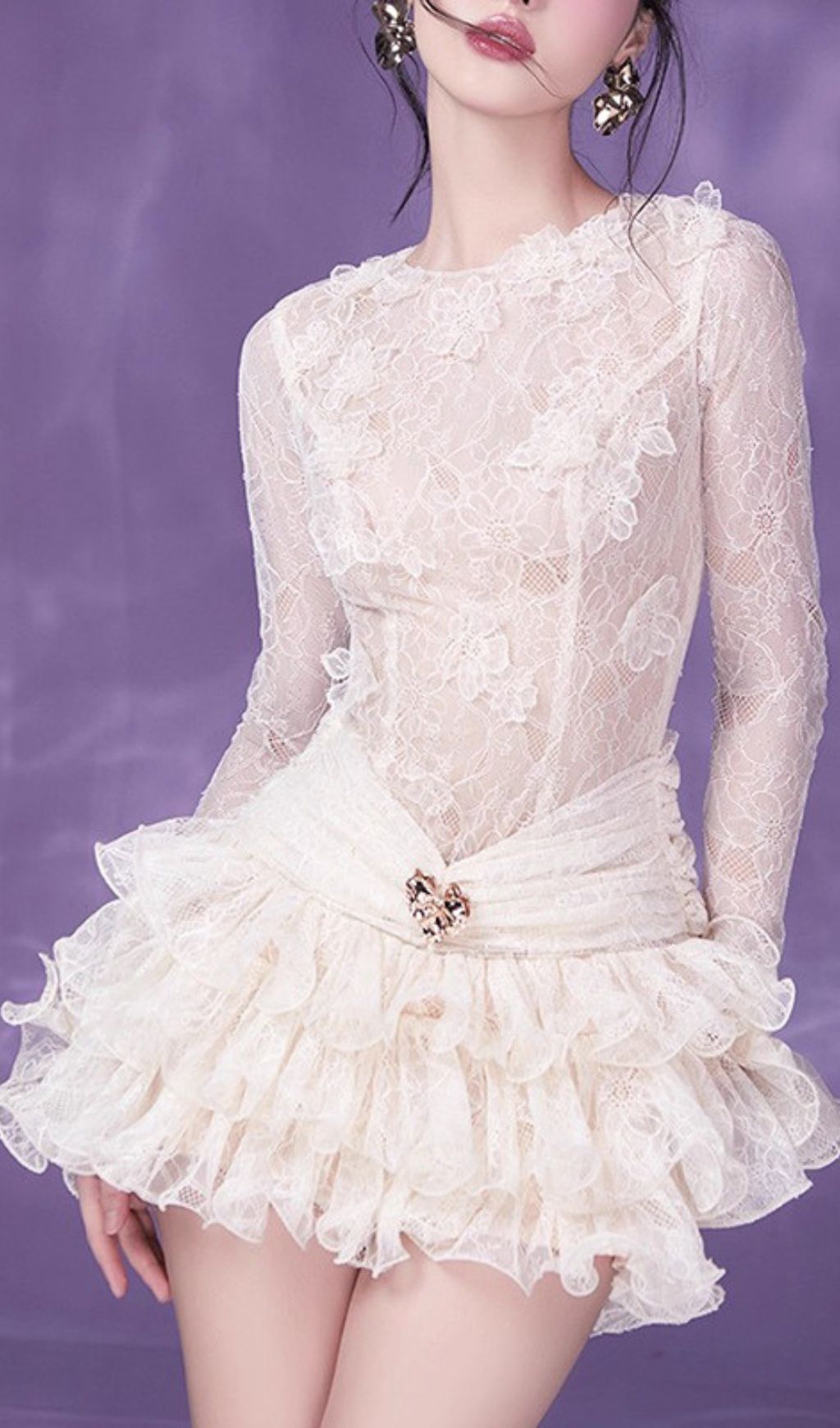 Fashionslee Women Glafira Long Sleeve Lace Mini Dress
