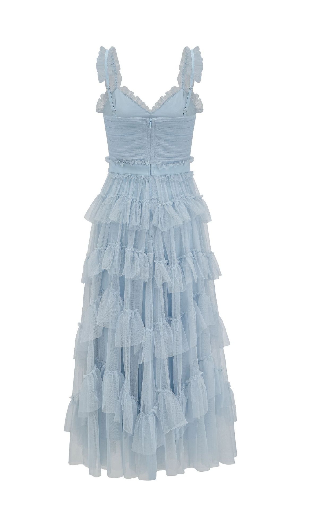 Fashionslee Women Blue Ruffle V Neck Sleeveless Tiered Tulle Maxi Dress