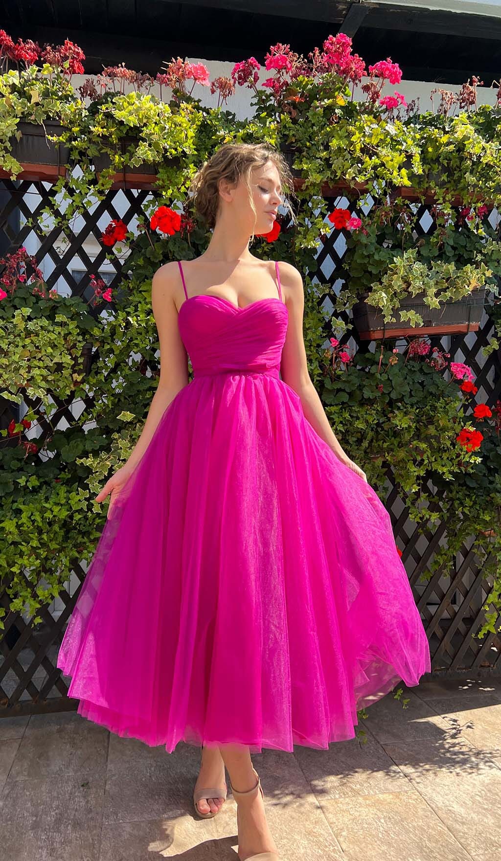 Fashionslee Women Pleats Spaghetti Straps Midi Dress In Hot Pink