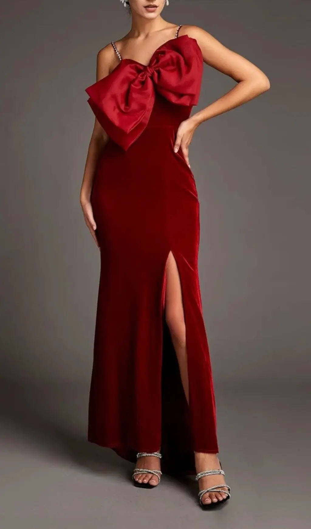 Fashionslee Women Dark Red Front Bow Side Slit Mermaid Maxi Dress