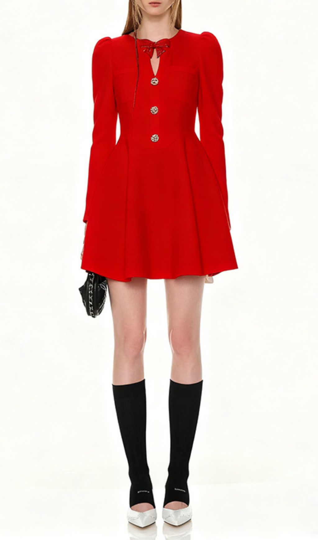 Fashionslee Women Italia Red Bow Long Sleeve Mini Dress