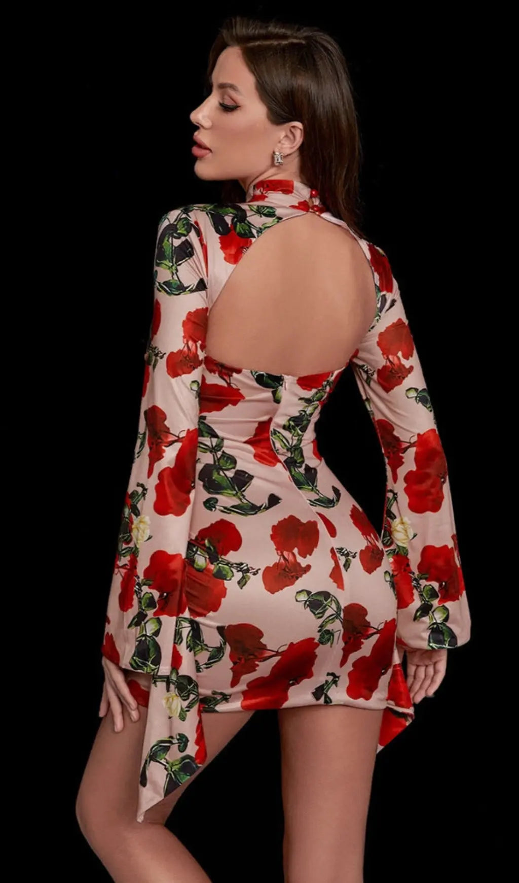 6aa3ef4b85a5f06c9d38fed6386c8869.jpeg Fashionslee Women Rose Print Cut Out Draped Mini Dress