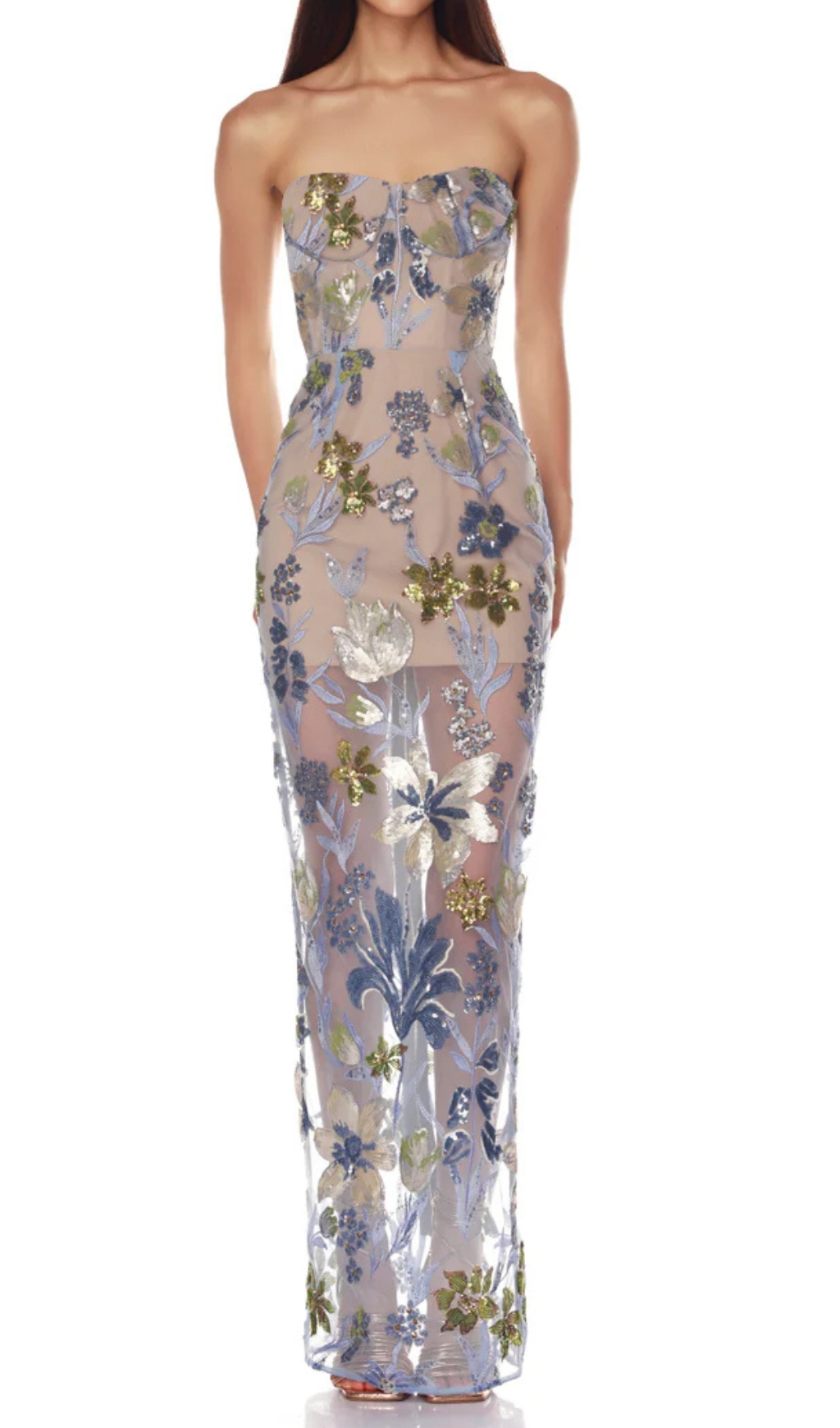 Fashionslee Women Danyl Blue Strapless Flower Sequin Maxi Dress