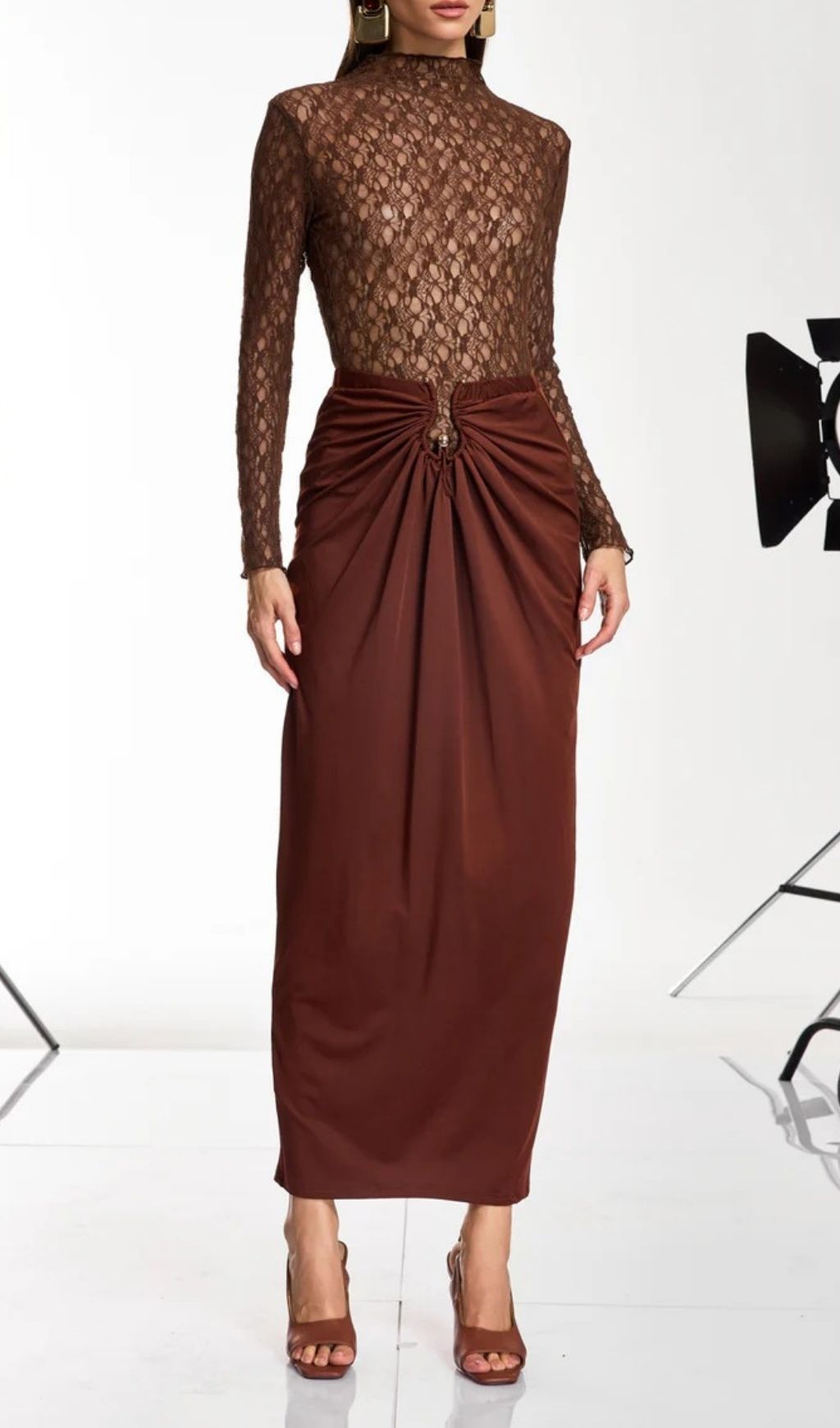 Fashionslee Women Darcila Long Sleeve Lace Ruched Skirt Set