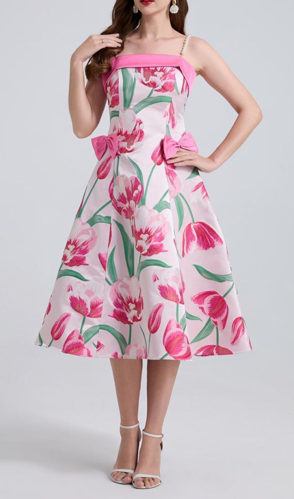 Fashionslee Women Faylinn Pink Flower Pearl Midi Dress