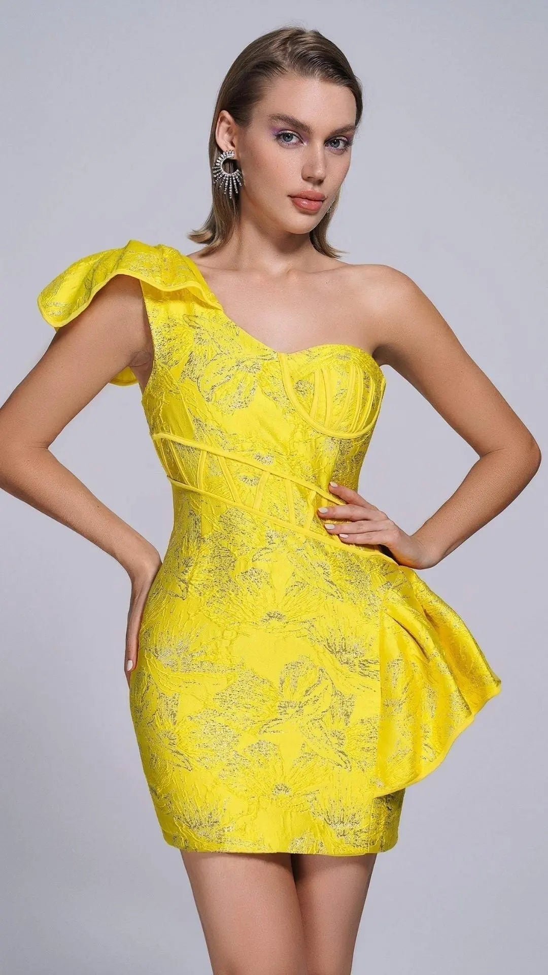 Fashionslee Women Jacquard One Shoulder Mini Dress In Yellow