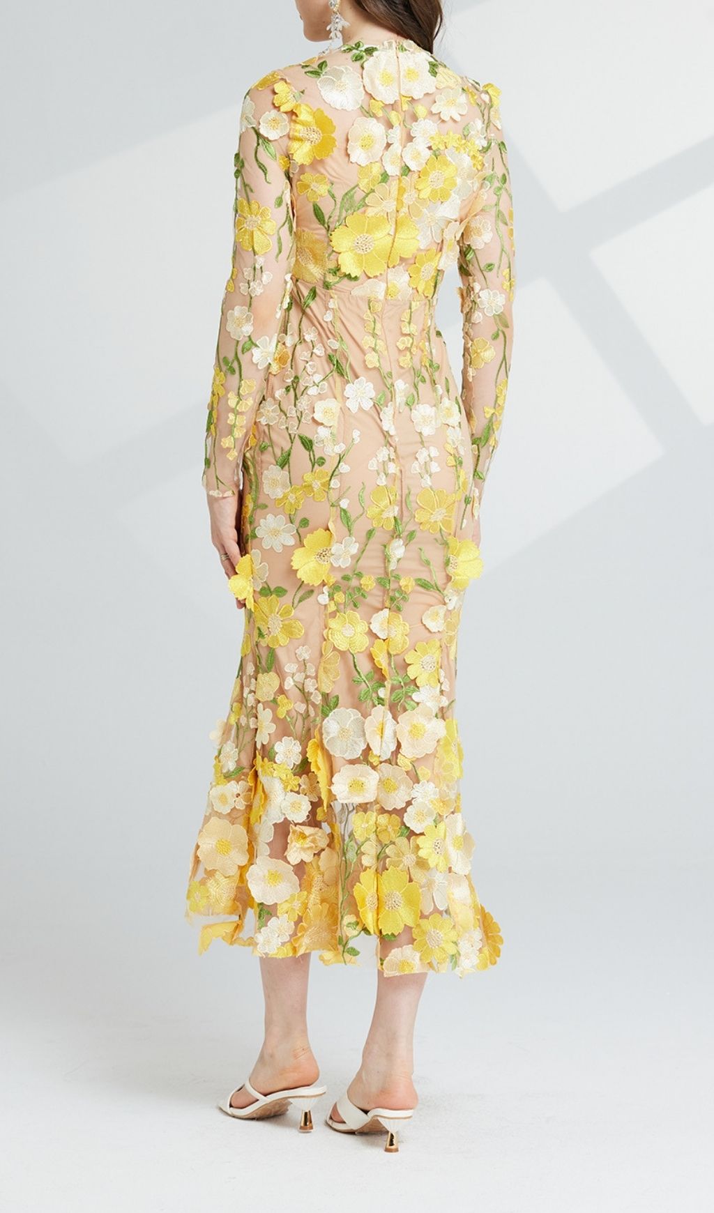 Fashionslee Women Carol Yellow Floral Embroidery Mesh Fishtail Long Sleeve Midi Dress