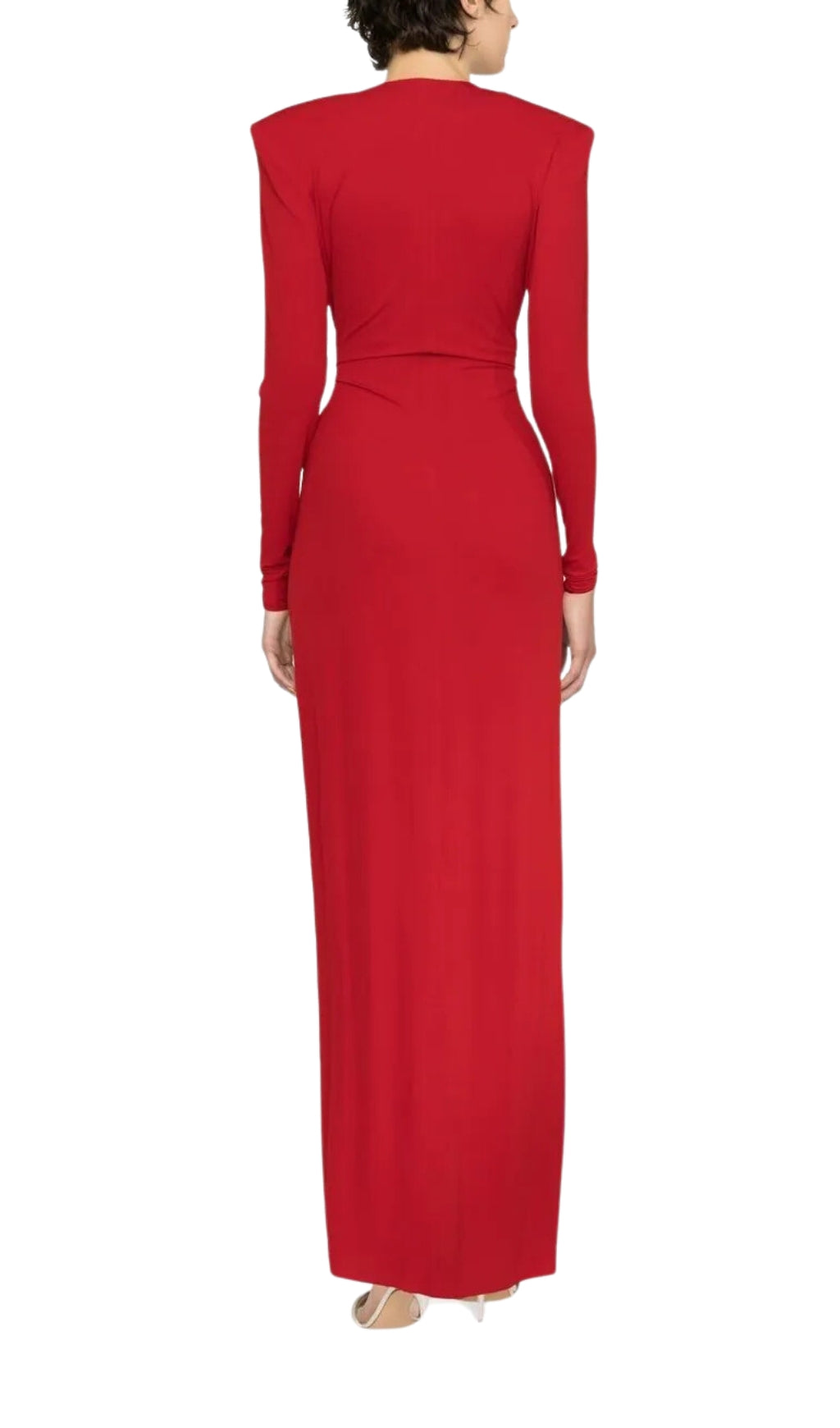 Fashionslee Women Red Plunge-Neck Draped Gown