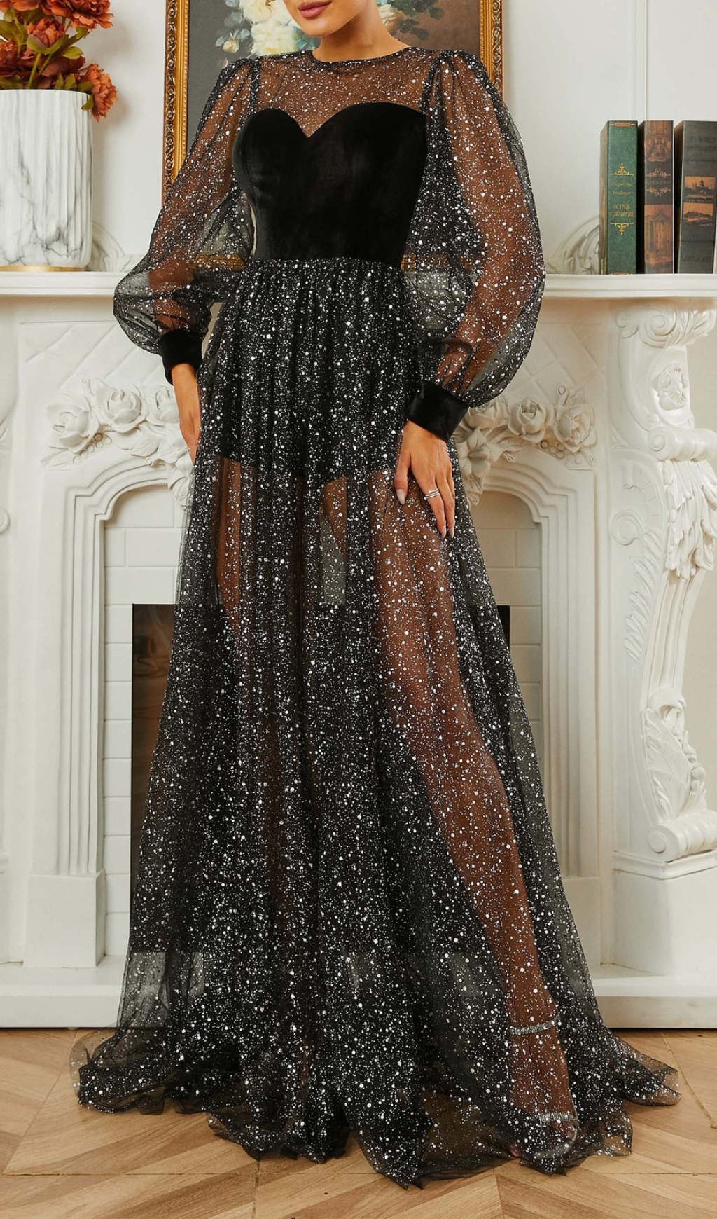 Fashionslee Women Catlyn Black Mesh Long Sleeve Maxi Dress