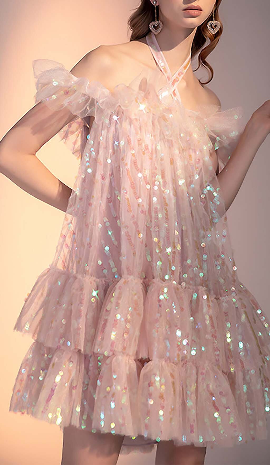 Fashionslee Women Halter Sequins Mini Dress In Pink