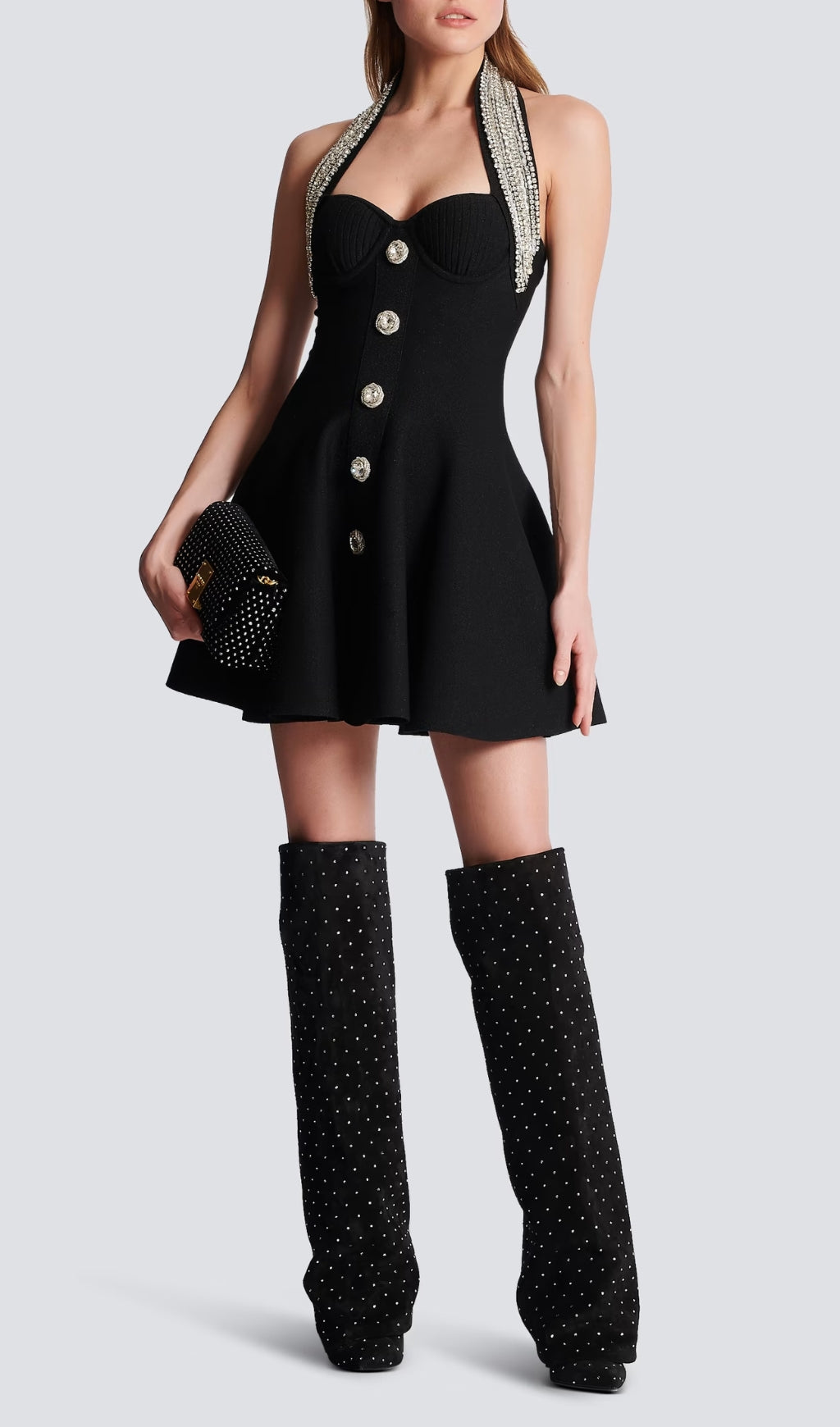 Fashionslee Women Alev Black Halter Embellished Mini Dress