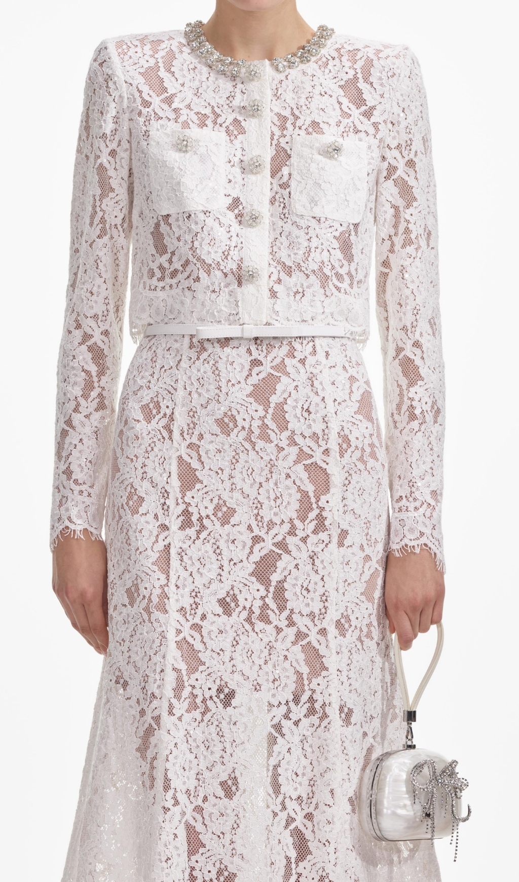 6c15afa092f5741f6fe6c2ceba71b38f.jpg Fashionslee Women White Lace Embellished Top & Midi Skirt