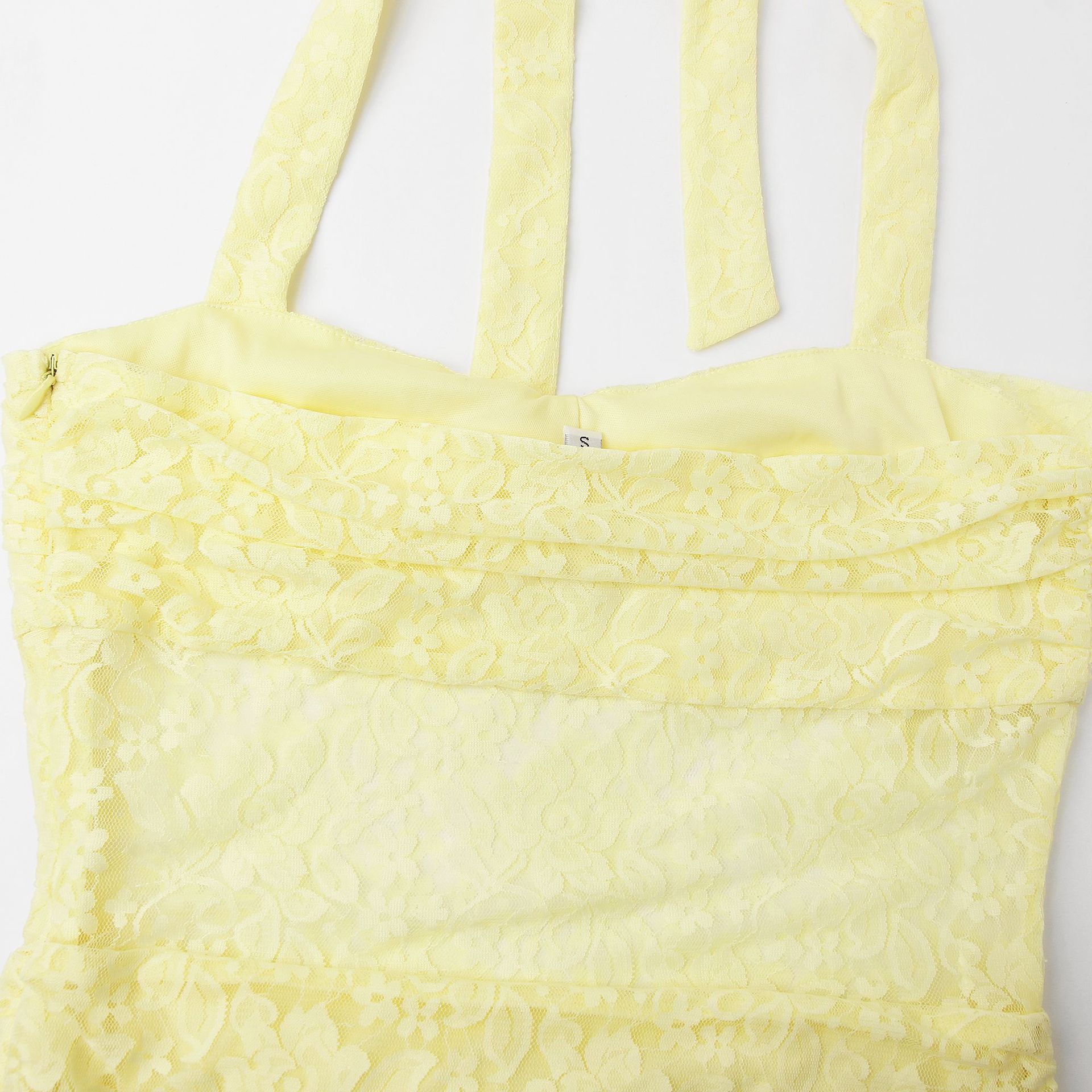 6c1cdd1ef23b3cc0a949beac001dc27e.jpg Fashionslee Women Fusayo Yellow Halter Ruched Lace Maxi Dress