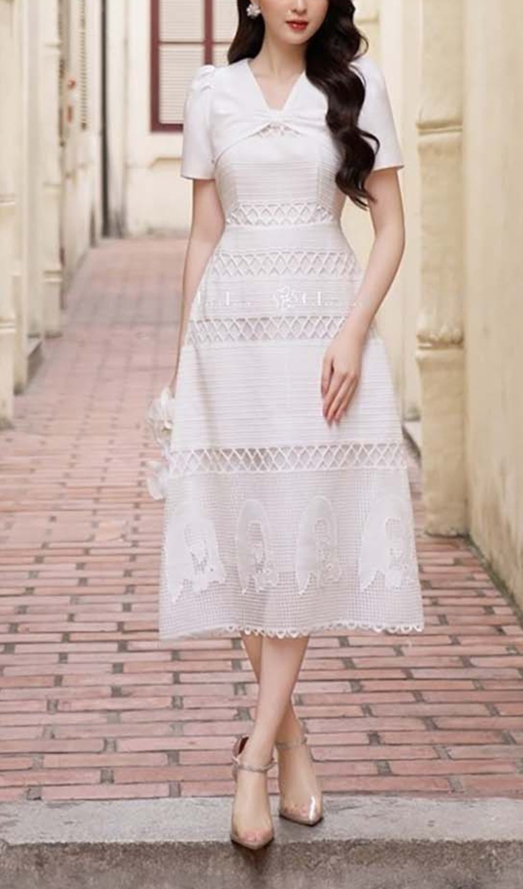 Fashionslee Women Lace Embroidery Midi Dress In White