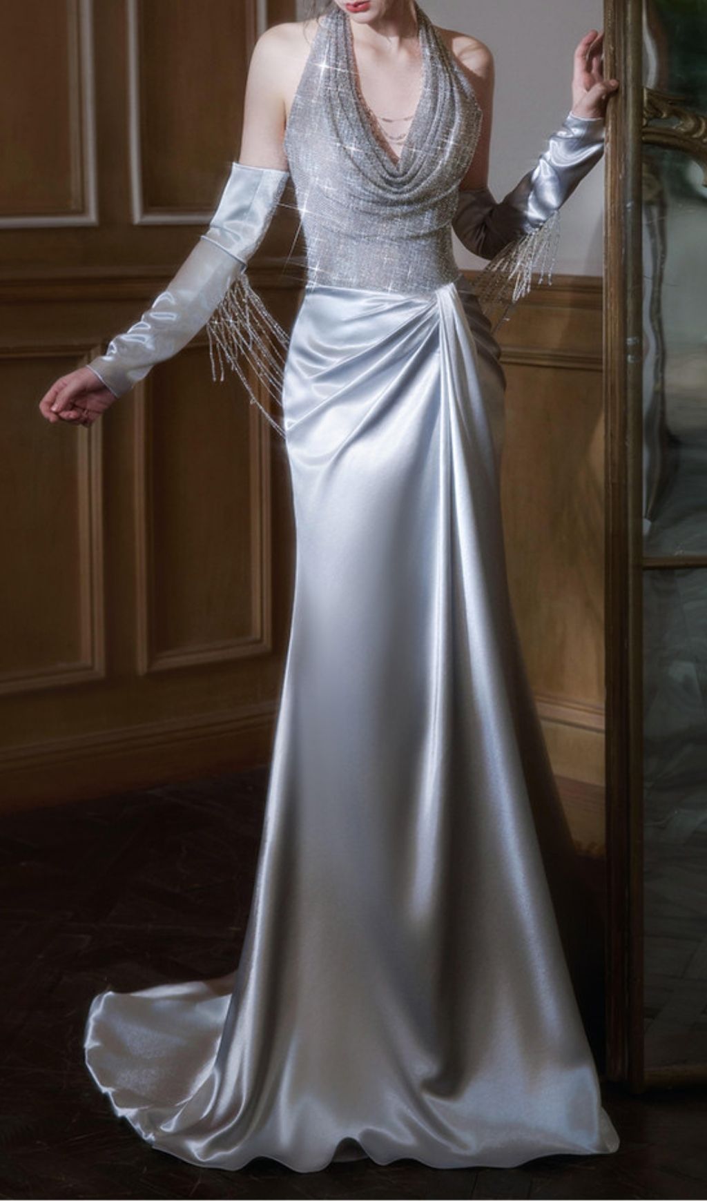 Fashionslee Women Kumi Silver Halter Maxi Dress