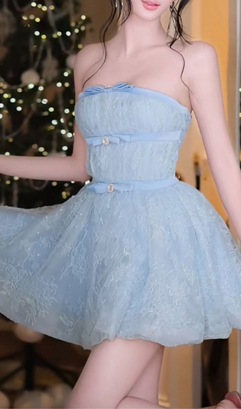 Fashionslee Women Kamya Blue Strapless Lace Mini Dress