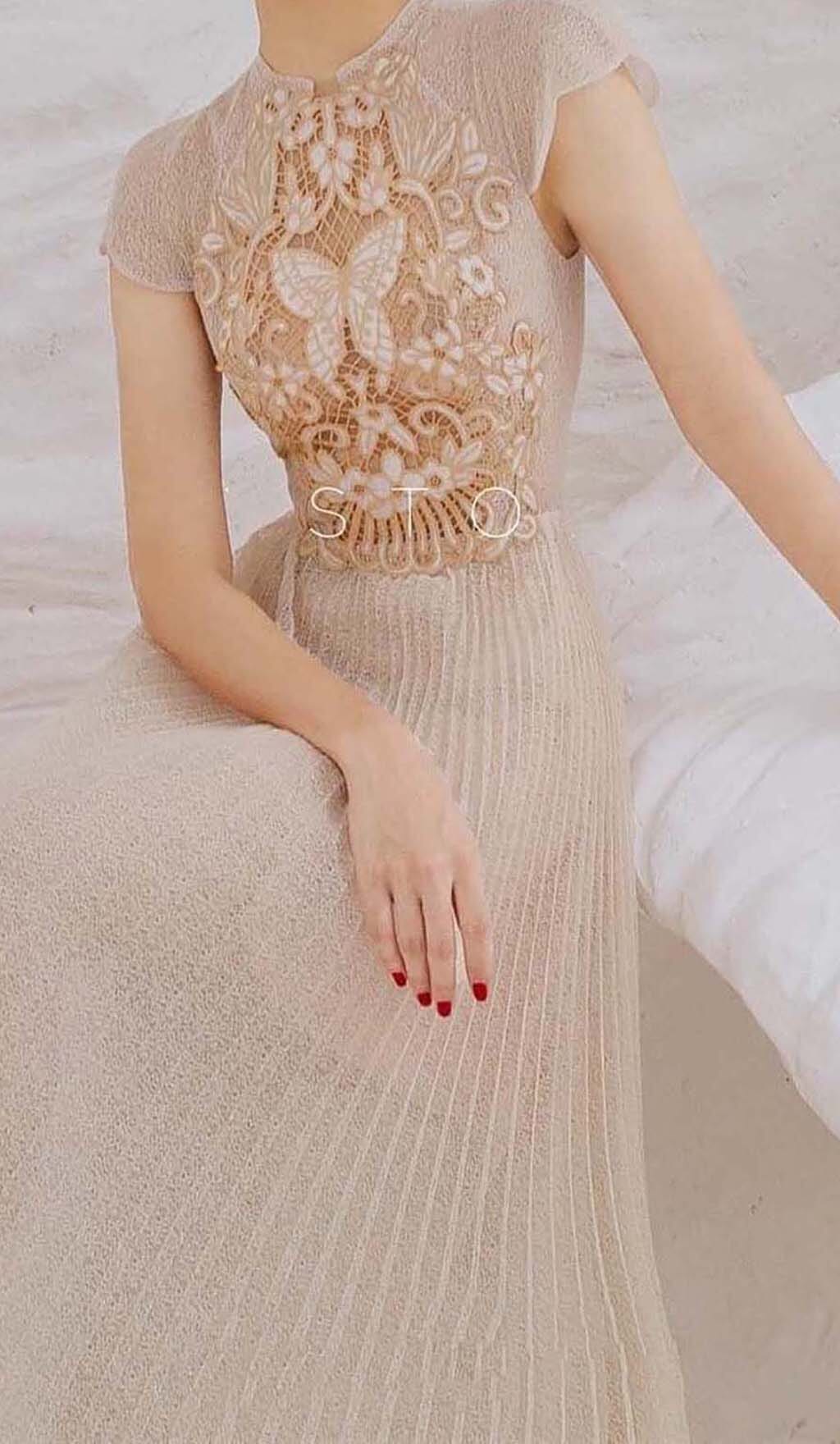 Fashionslee Women Pleated Embroidery Midi Dress In Beige