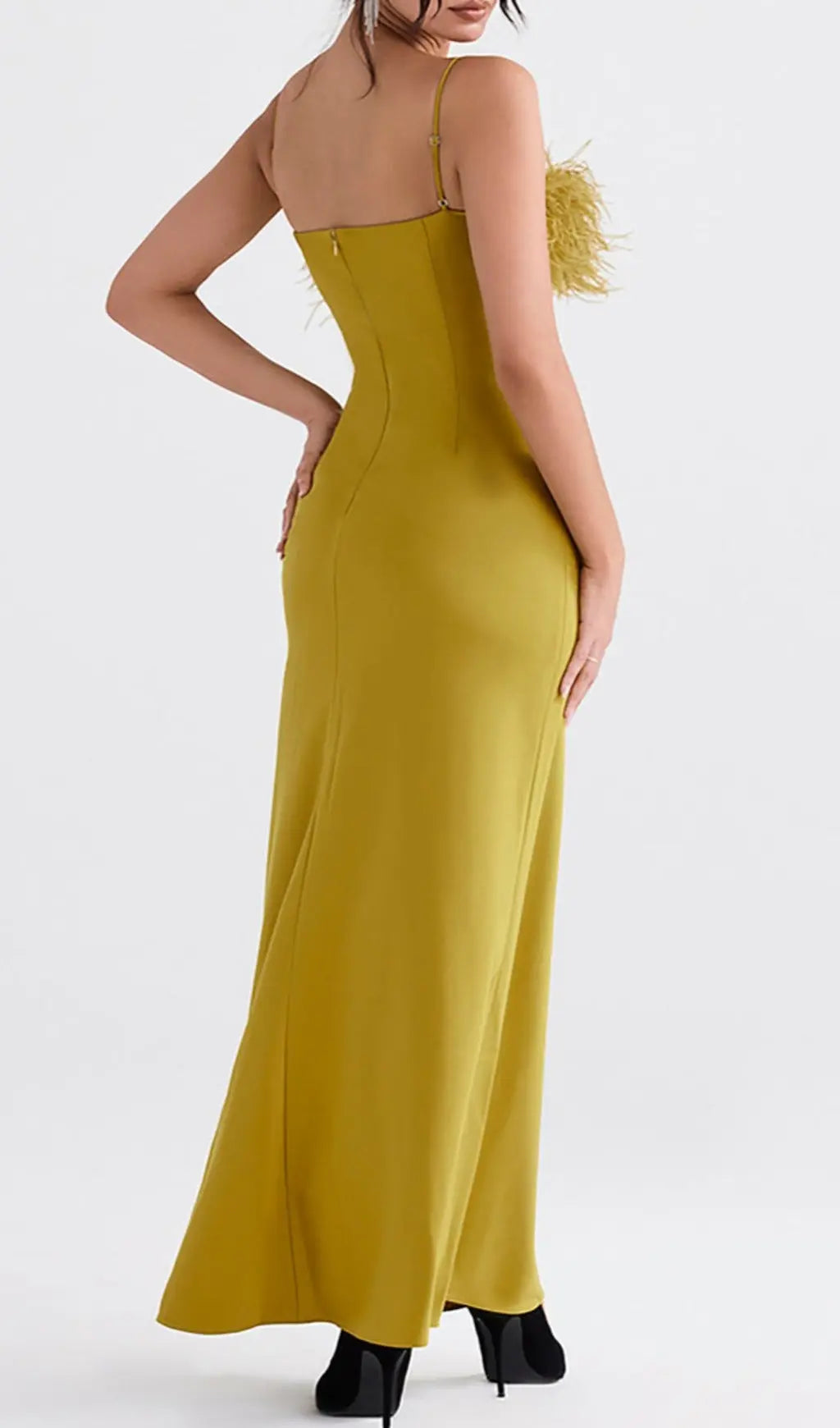 Fashionslee Women Chartreuse Strappy Feather-Trim Maxi Dress