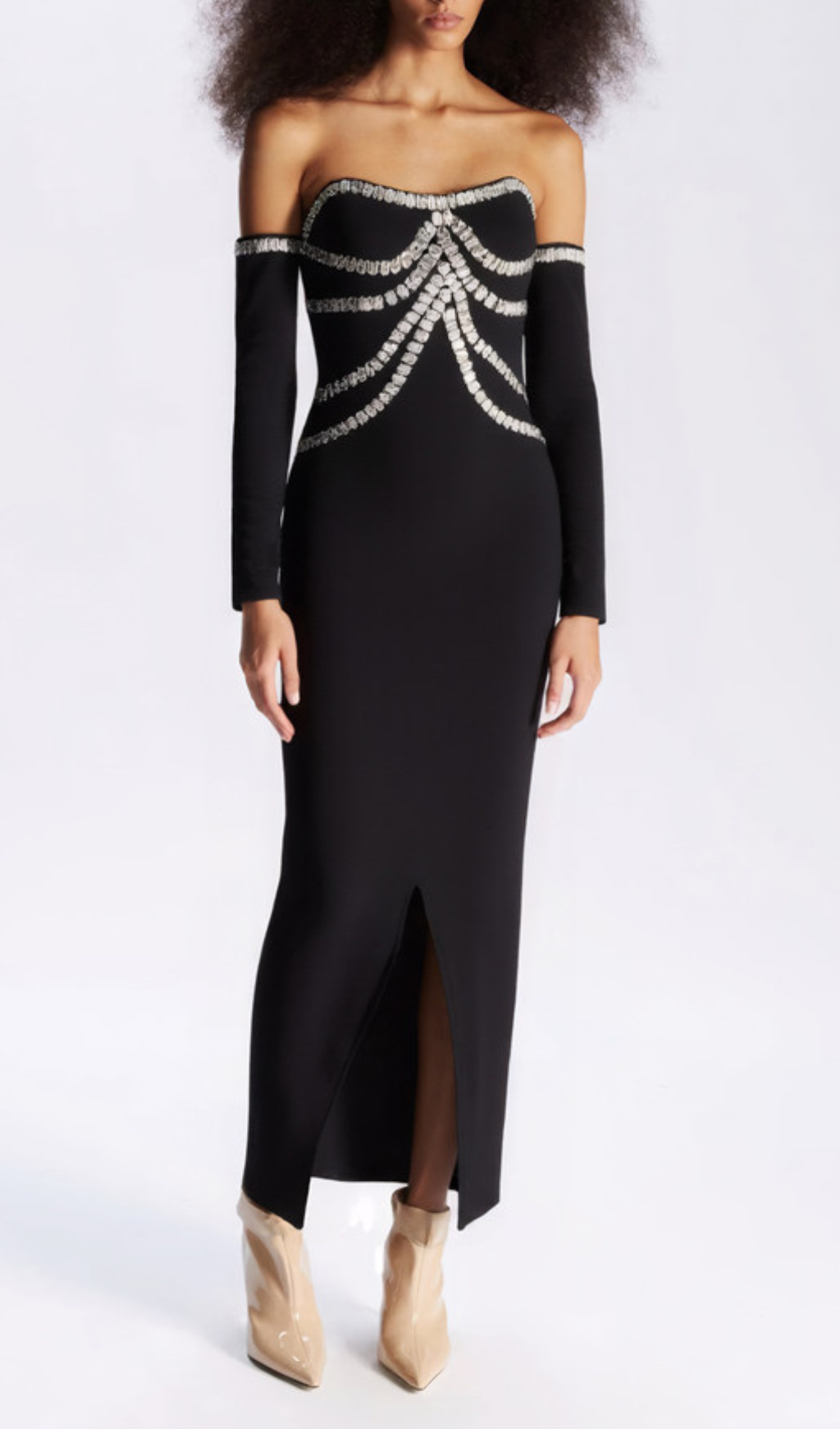 Fashionslee Women Gandhi Black Rhinestone Off-Shoulder Maxi Dress