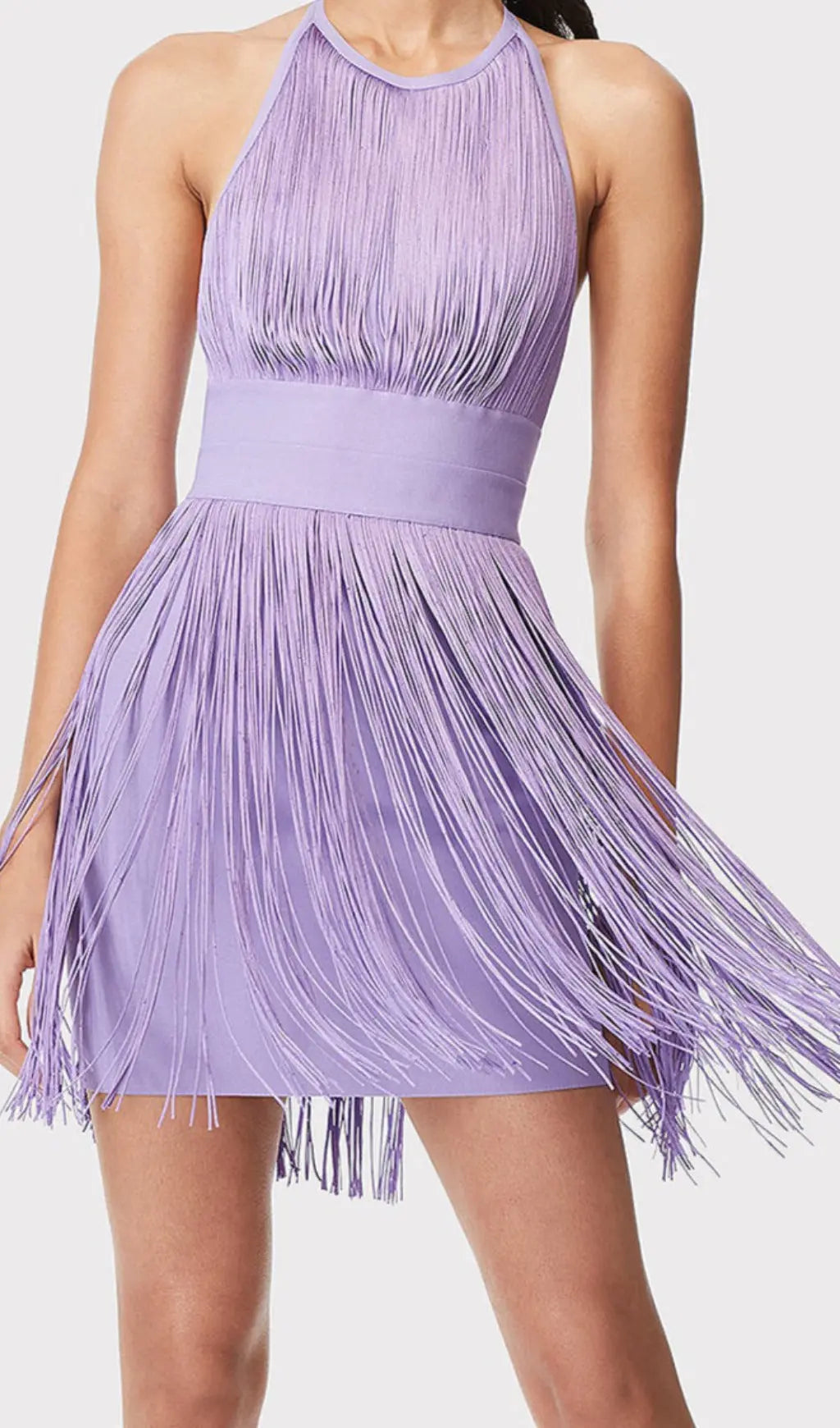 Fashionslee Women Purple Halter Tassel Backless Mini Dress