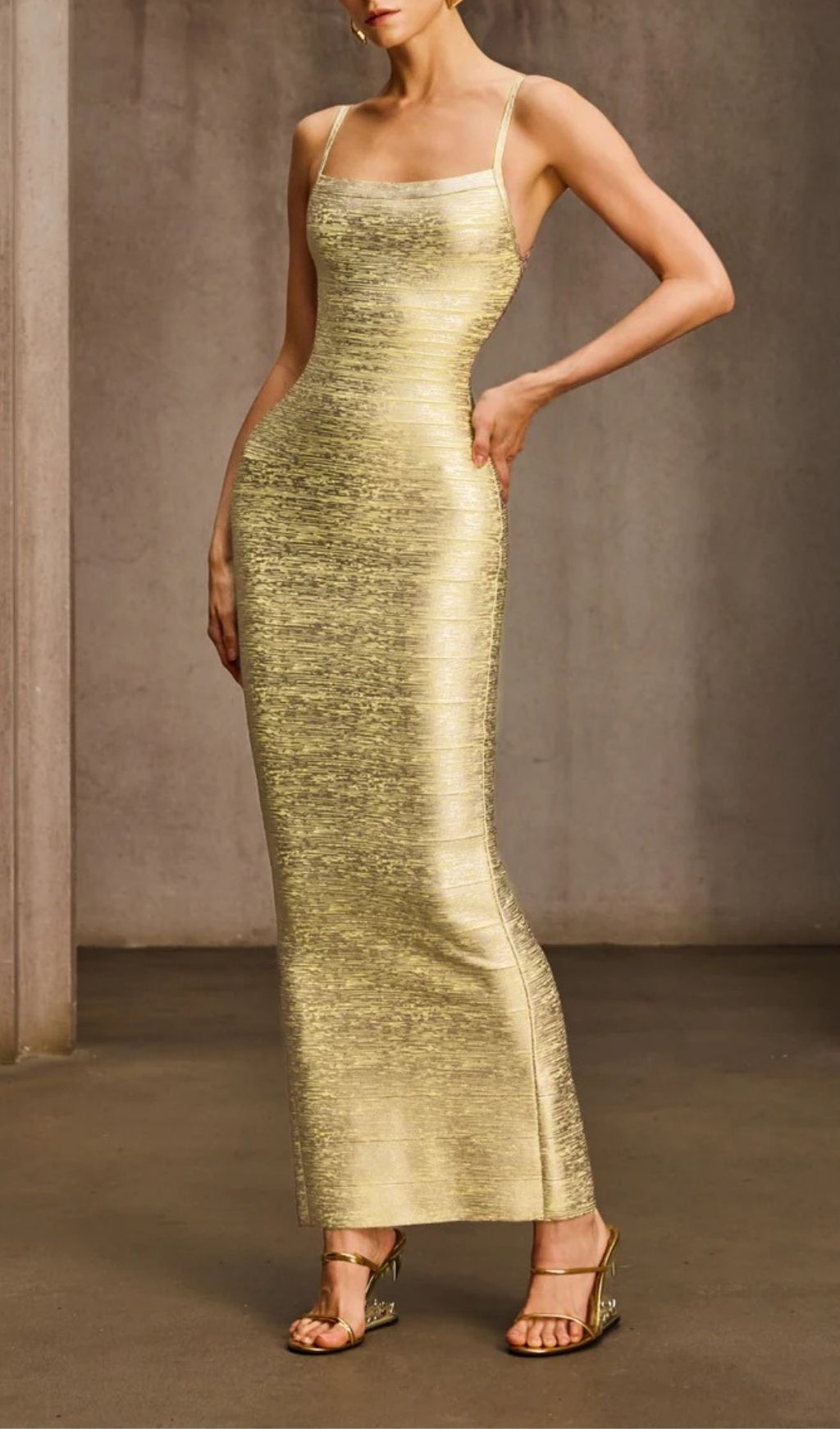 Fashionslee Women Donyelle Spaghetti Bandage Bodycon Maxi Dress In Gold