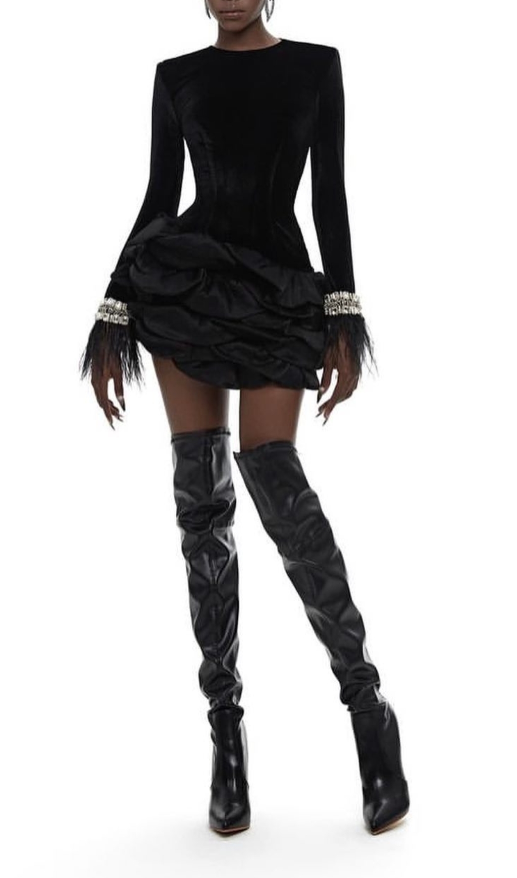 Fashionslee Women Cardea Black Crystal Feather Ruffle Mini Dress