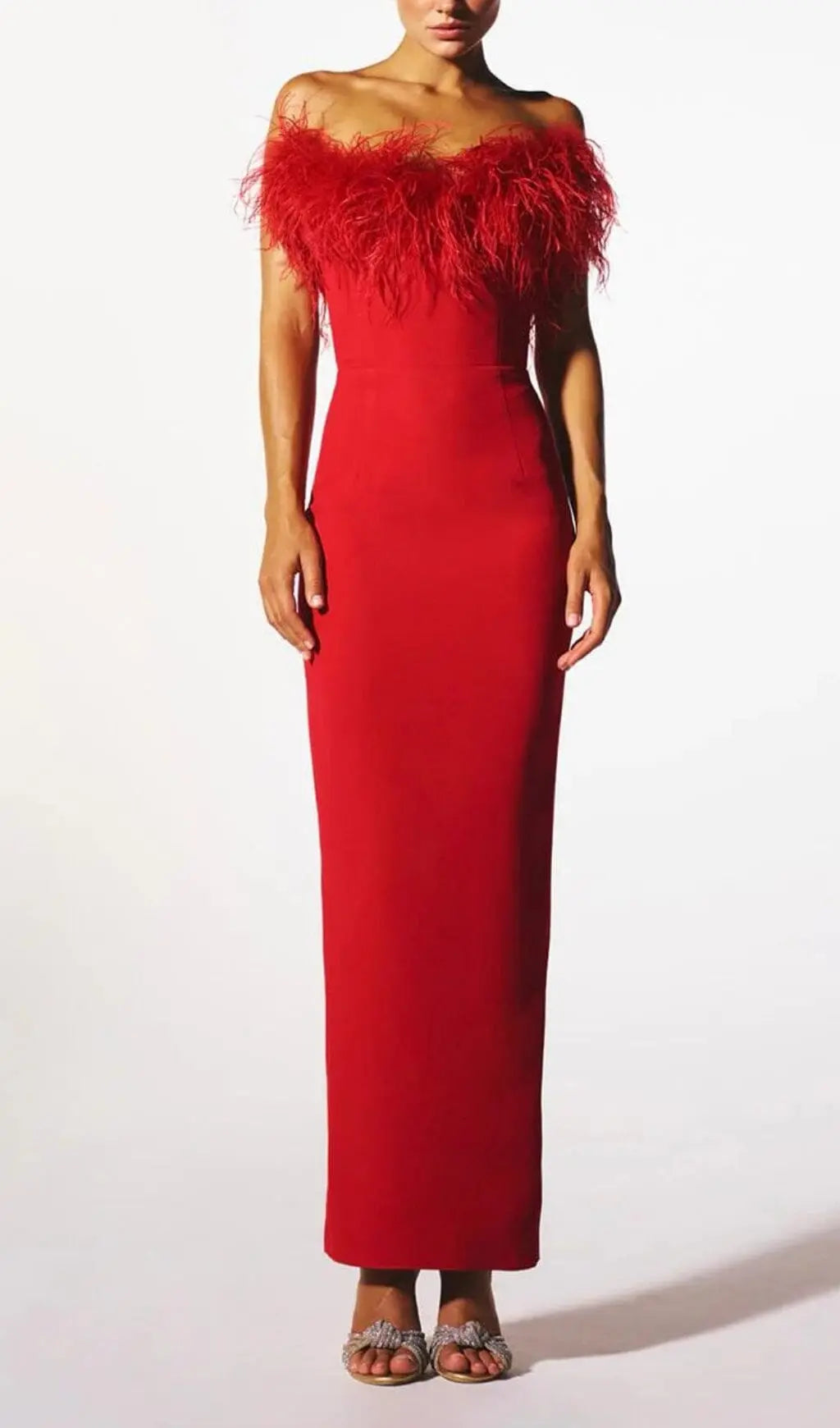 Fashionslee Women Stretch Strapless Feather Trimmed Gown In Red