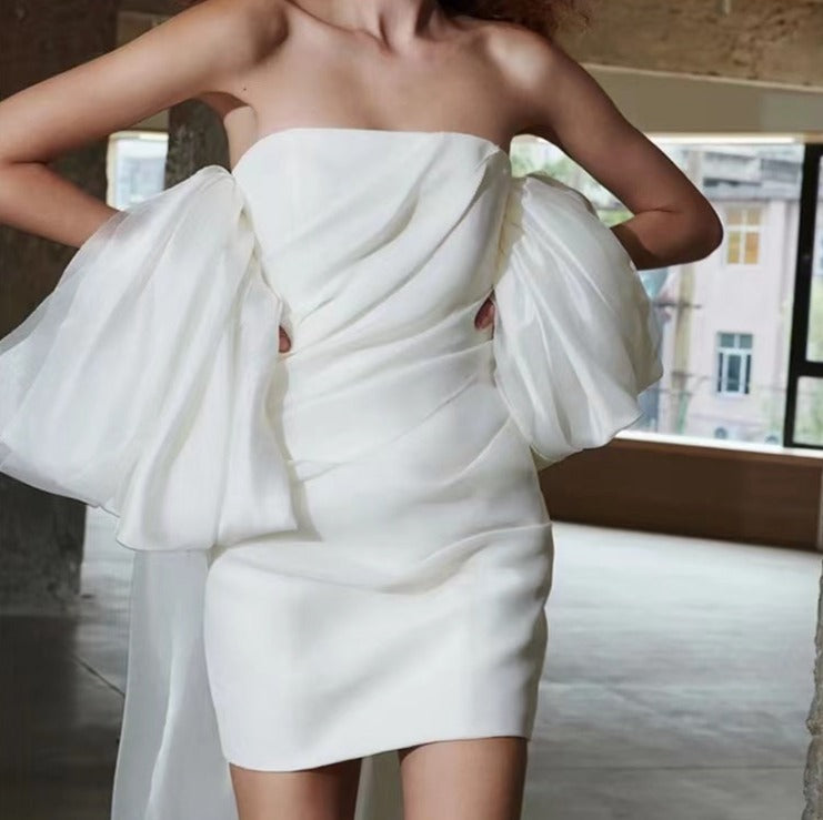 WHITE VIRAL PUFF SLEEVE STRAPLESS MINI DRESS - OWNCI