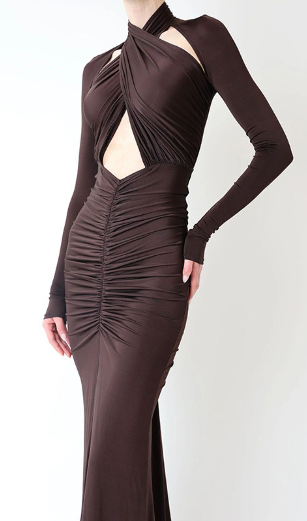 6e1d9c7427c09759765957c1d19116d2.jpg Fashionslee Women Inaya Coffee Long Sleeve Ruched Maxi Dress