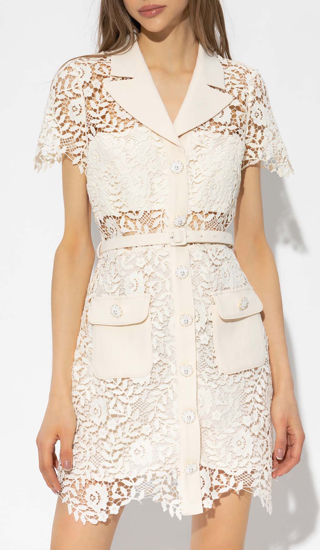 Fashionslee Women Guipure Lace Flap Pockets Jacket Dress In White
