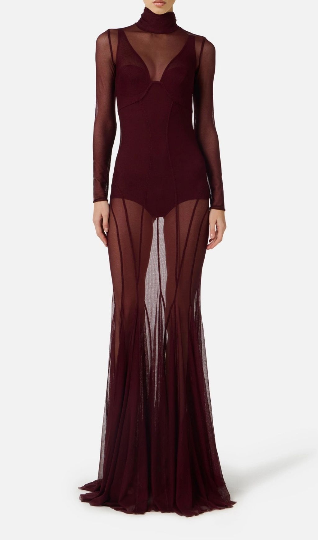 Fashionslee Women Kassie Wine Mesh Long Sleeve Maxi Dress