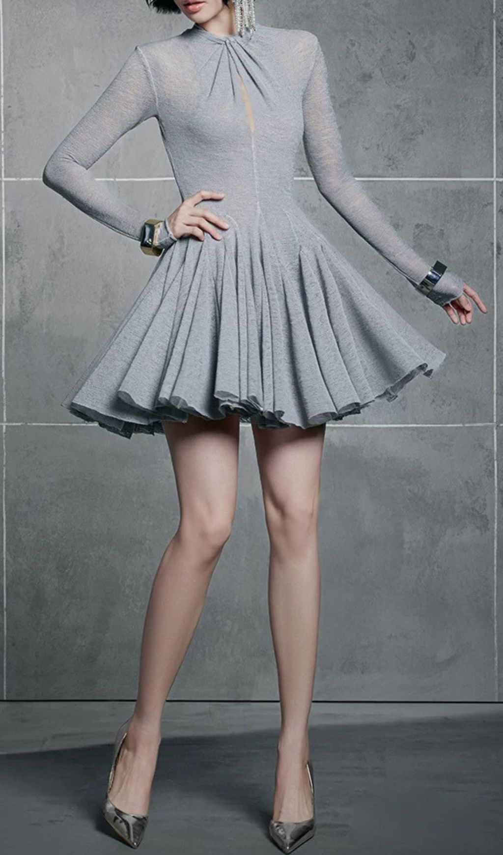 Fashionslee Women Hanako Grey Long Sleeve Mini Dress