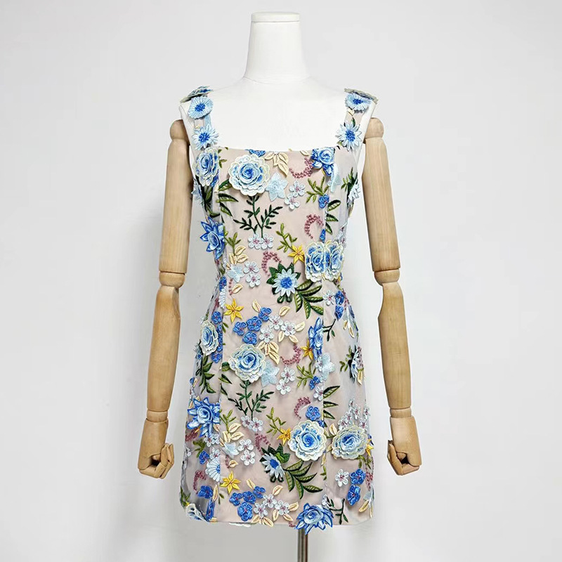 Fashionslee Women Fyodor Strappy Flower Embroidery Mini Dress