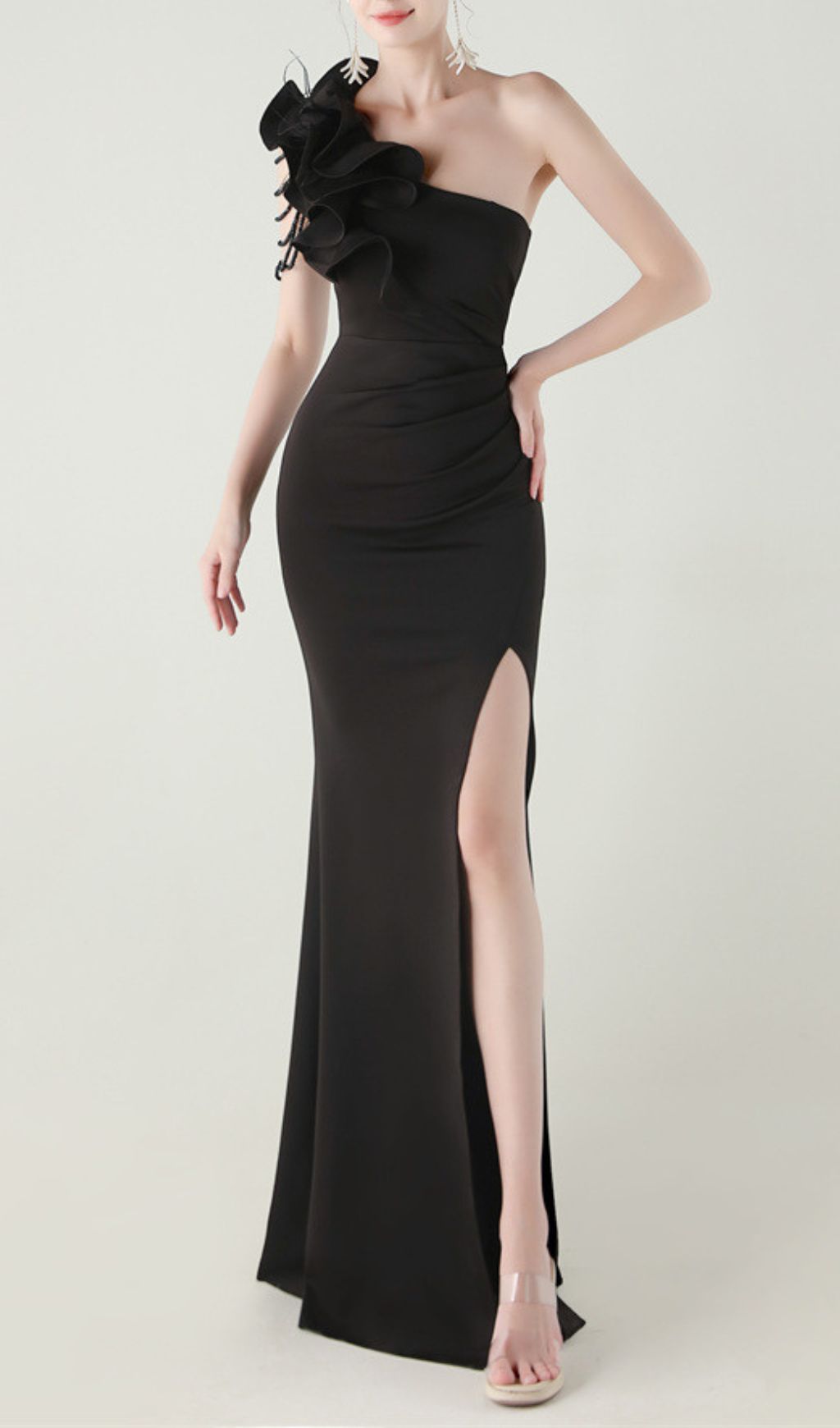 Fashionslee Women Ijlal Black One-Shoulder Ruffle Maxi Dress
