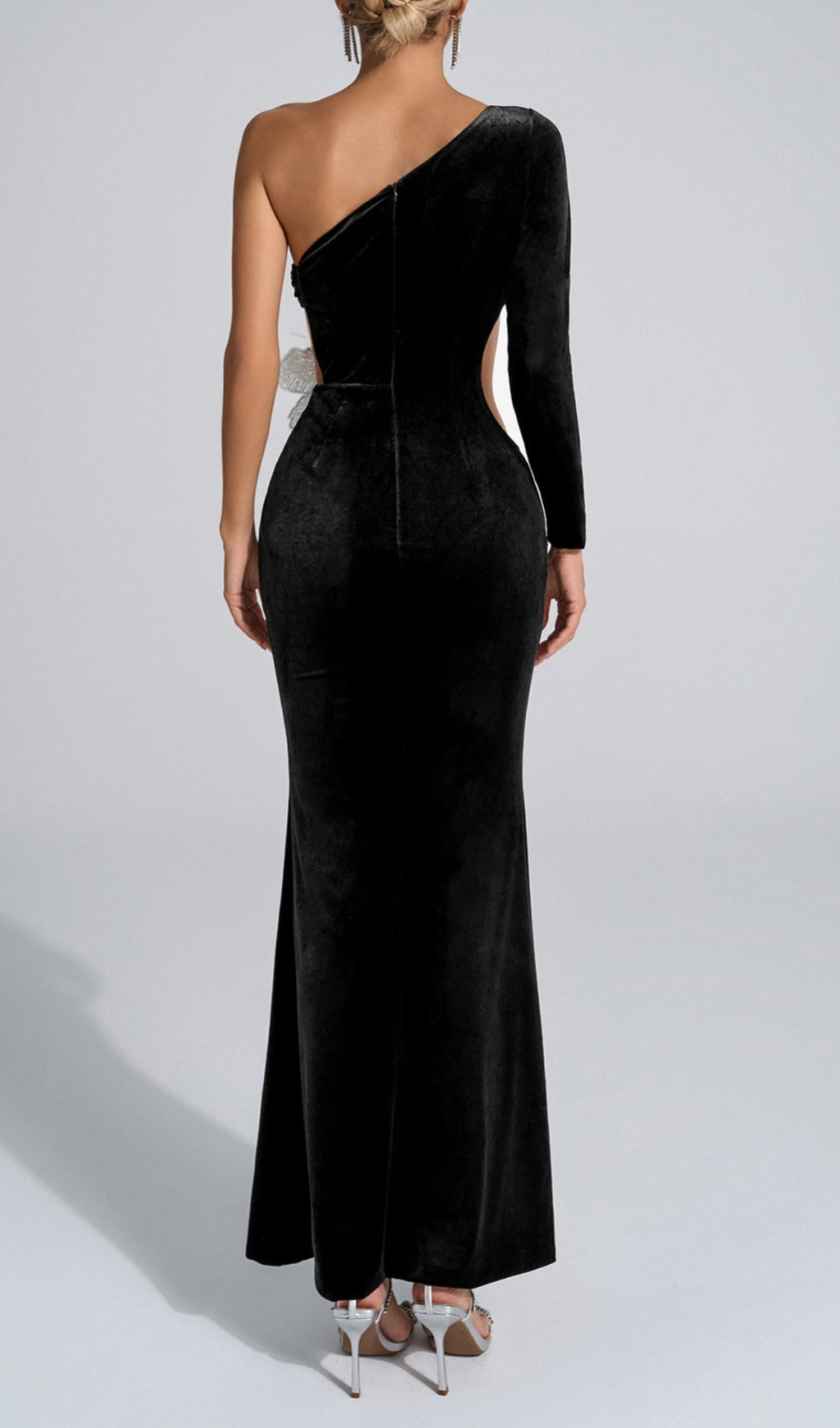 Fashionslee Women Bariah Black One Shoulder Flower Velvet Maxi Dress
