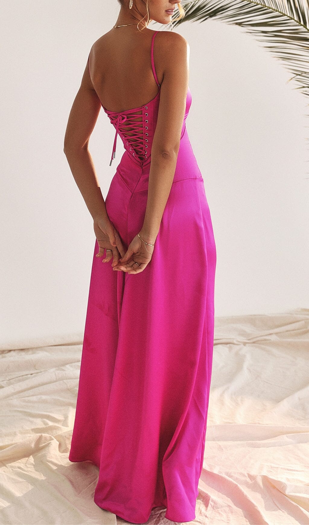 Fashionslee Women Fuchsia Lace Up Maxi Dress